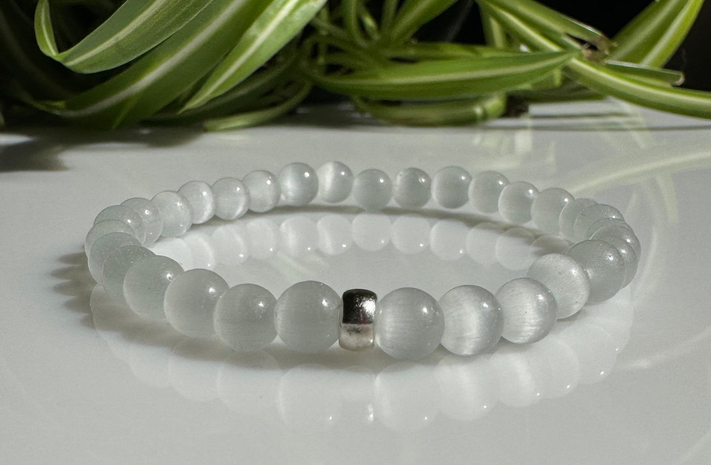 6mm Clear Selenite (Gypsum) Stretch Bracelet with a Silver Spacer. Gift for her, Gift for Him. Healing Crystal.