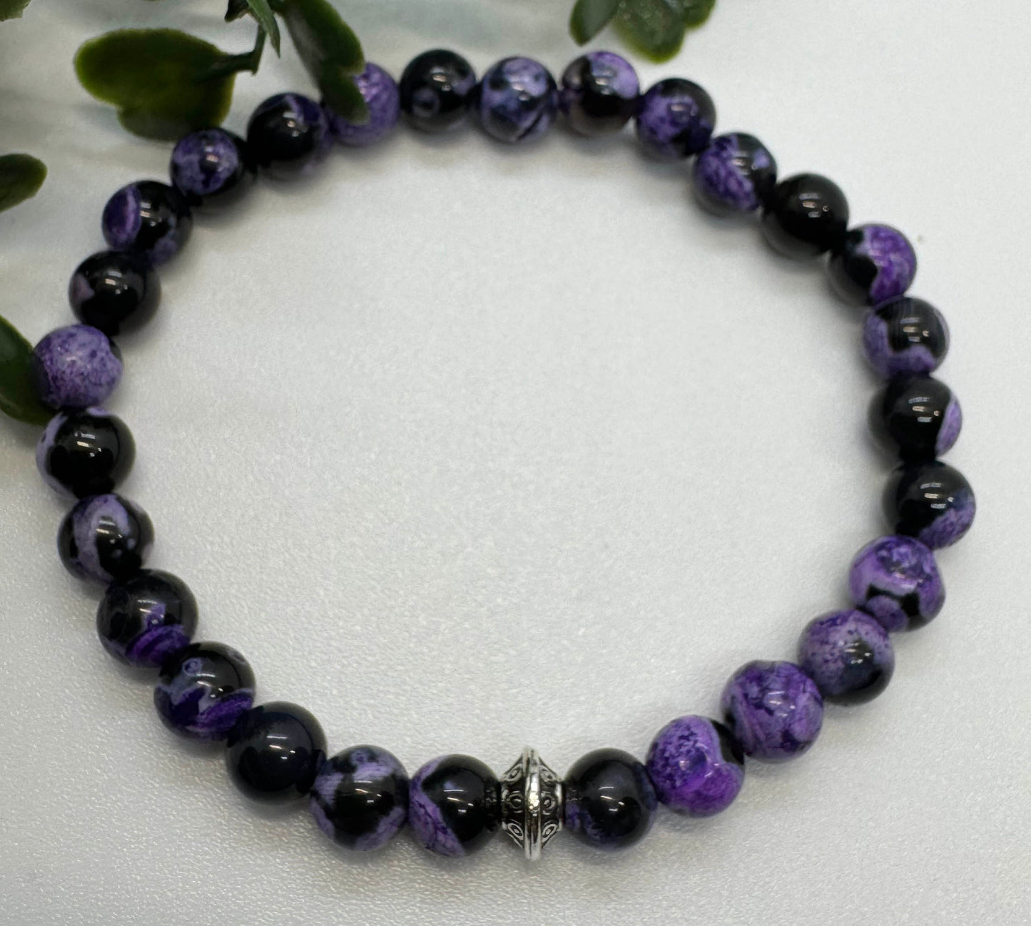 6mm Purple Fire Dragon Vein Agate Beaded Stretchy Bracelet with a Silver Bead. Gift for Him. Gift for her.