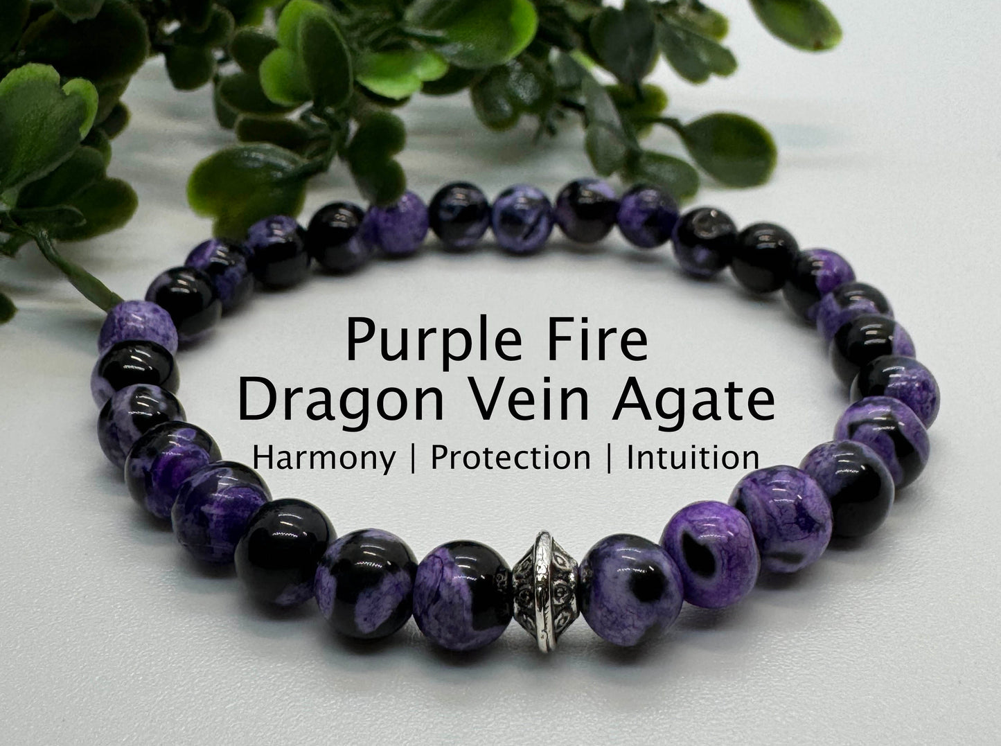 6mm Purple Fire Dragon Vein Agate Beaded Stretchy Bracelet with a Silver Bead. Gift for Him. Gift for her.