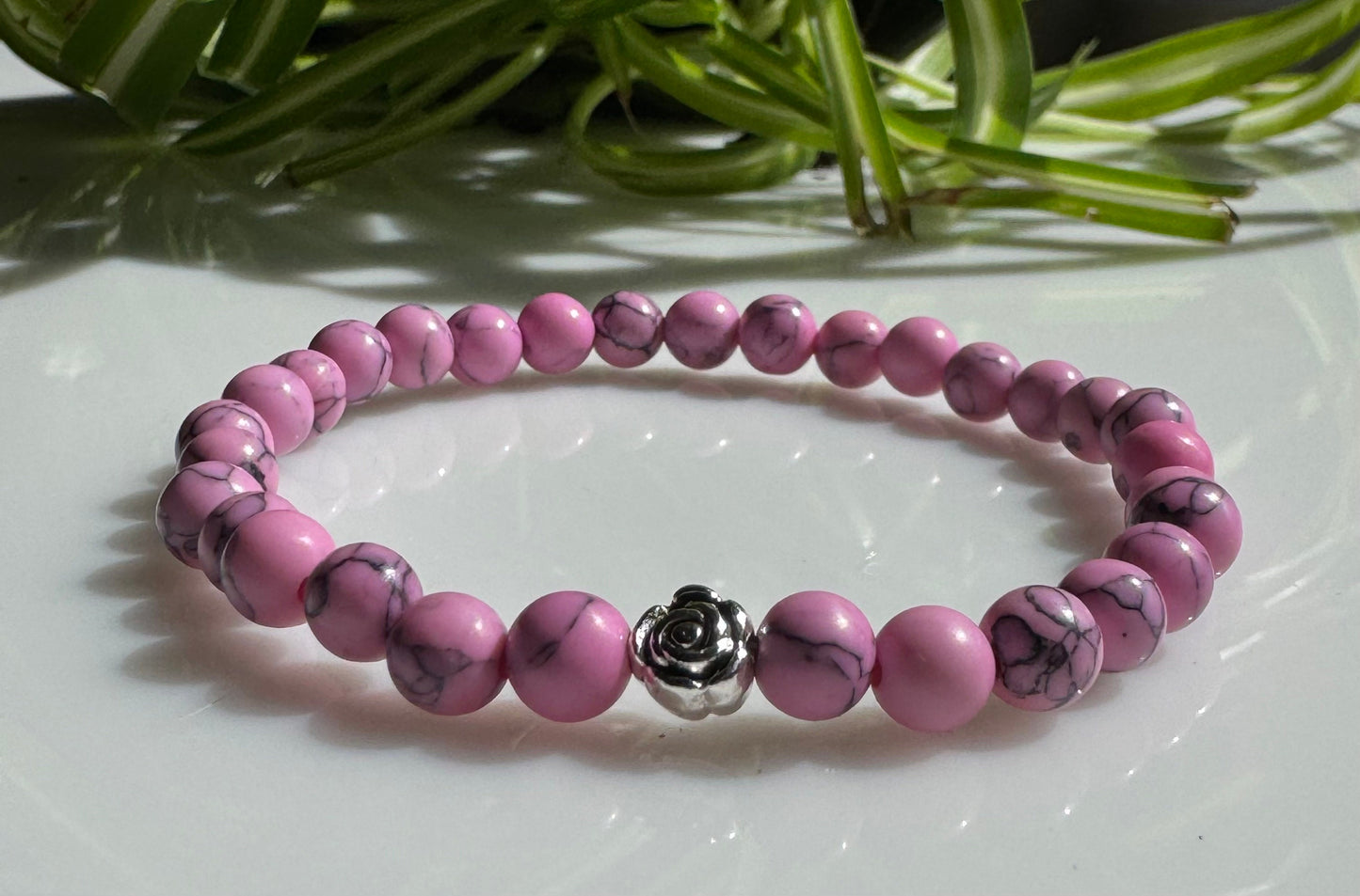 6mm Pink Howlite Beaded Stretch Bracelet with a Flower Silver Bead. Gift for Her. Gift for Him.