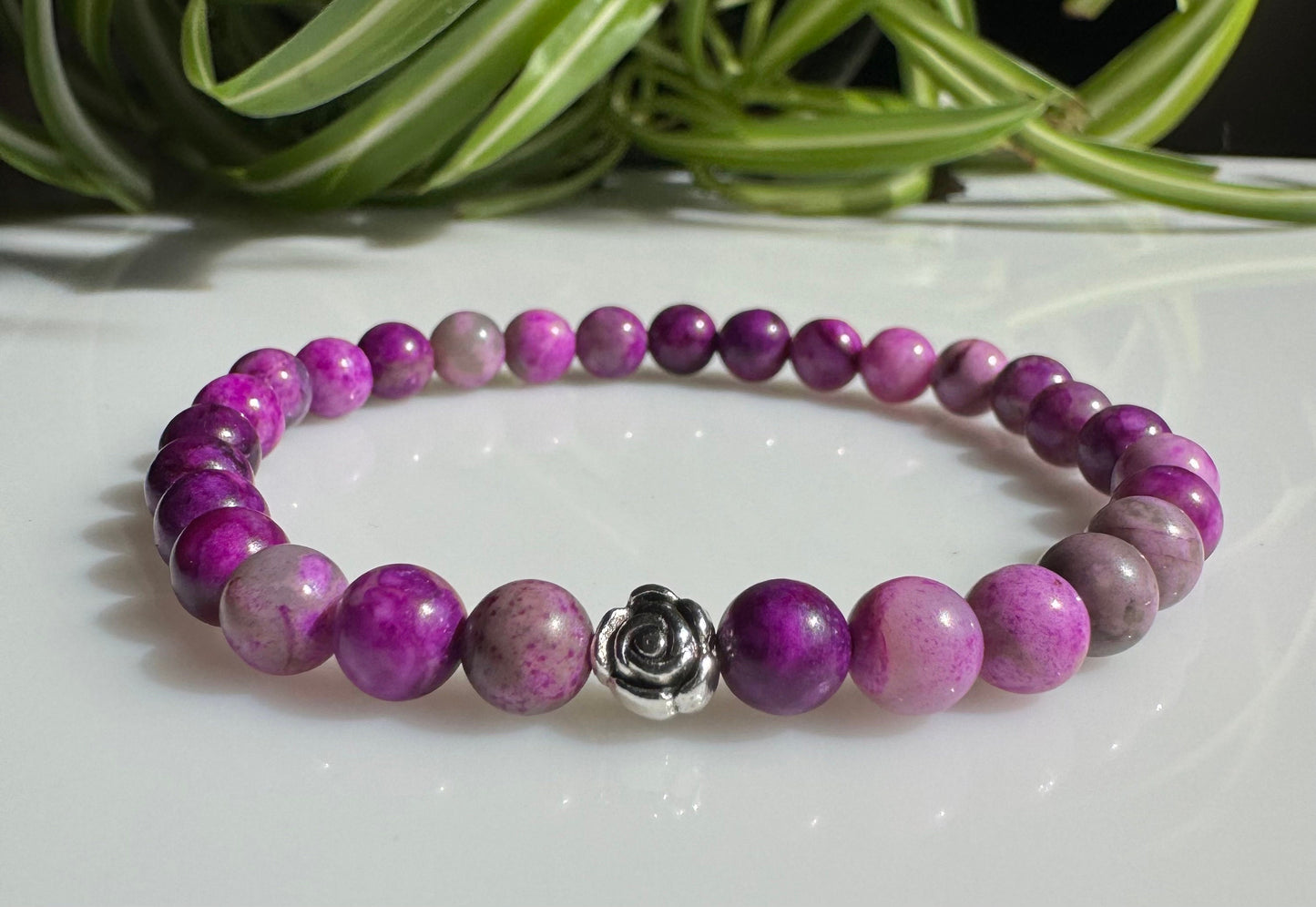 6mm Purple Sugilite Beaded Stretch Bracelet with a Silver Bead. Gift for Her. Gift for Him.