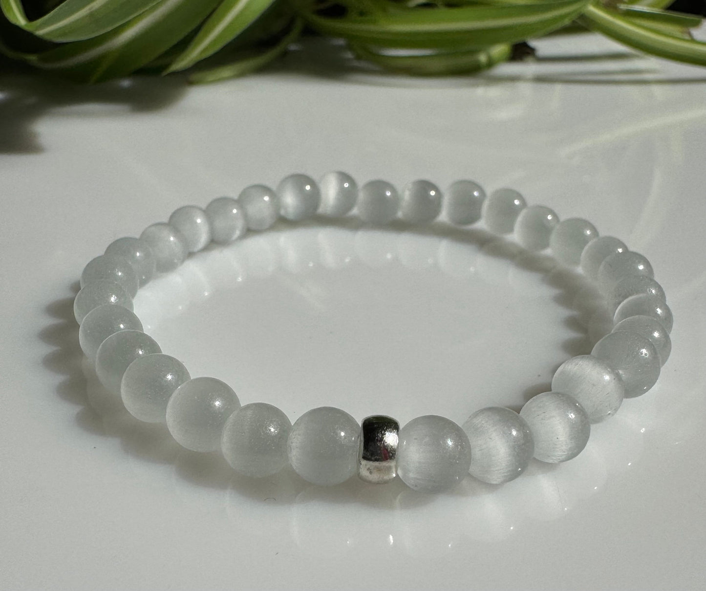 6mm Clear Selenite (Gypsum) Stretch Bracelet with a Silver Spacer. Gift for her, Gift for Him. Healing Crystal.