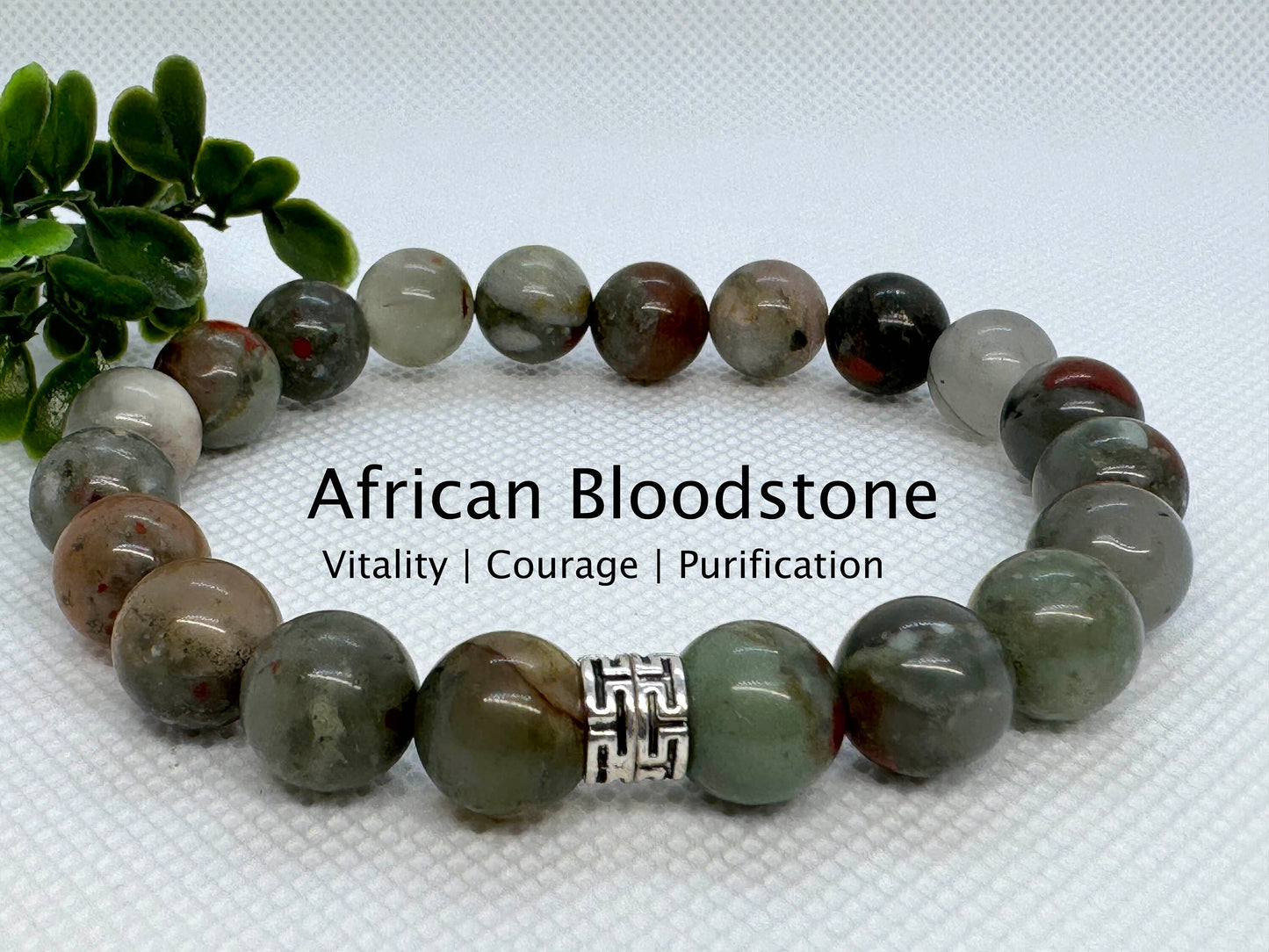 African Bloodstone Beaded Stretch Bracelet with Tibetan Style Silver Spacer. March Birthstone. Gift for him. Vitality, Courage, purification
