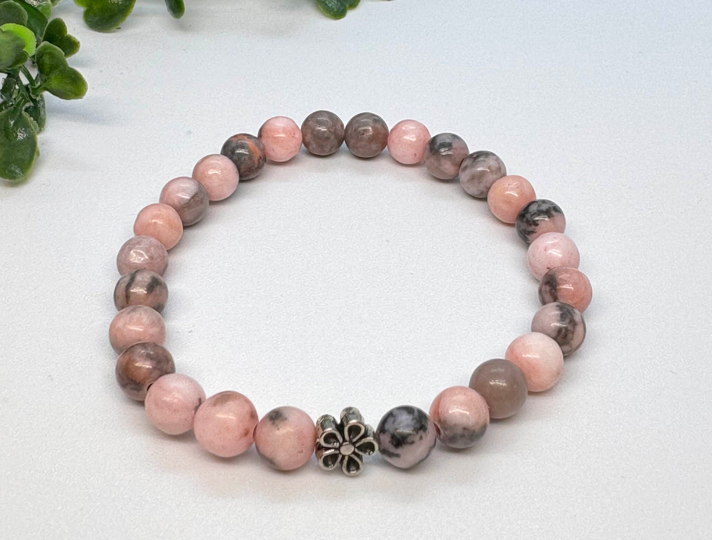 6mm Pink Zebra Jasper Stretchy Bracelet with a Flower Silver Bead. Gift For Her