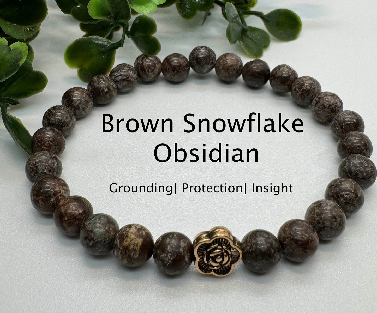 6mm Brown Snowflake Obsidian 6mm Stretchy Bracelet with a Copper Flower Bead. Gift for Her. Gift for Him. Personalized Size.