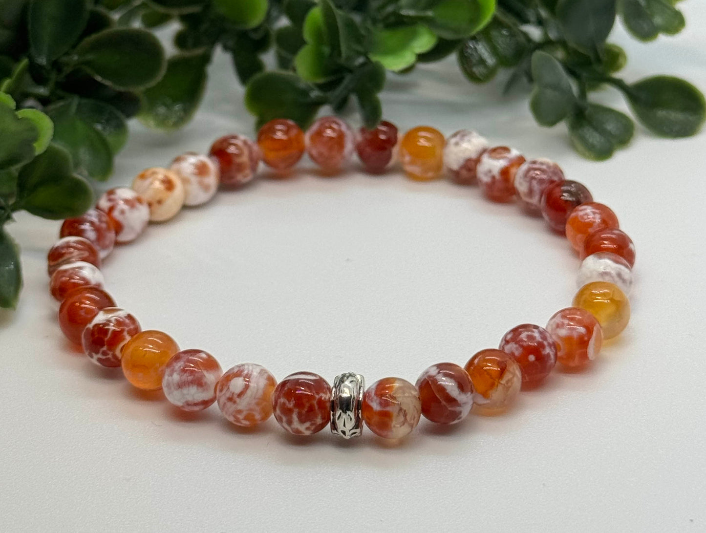 6mm Red Fire Agate 6mm Beaded Stretch Bracelet with a Silver Bead. Gift for Her. Gift for Him.