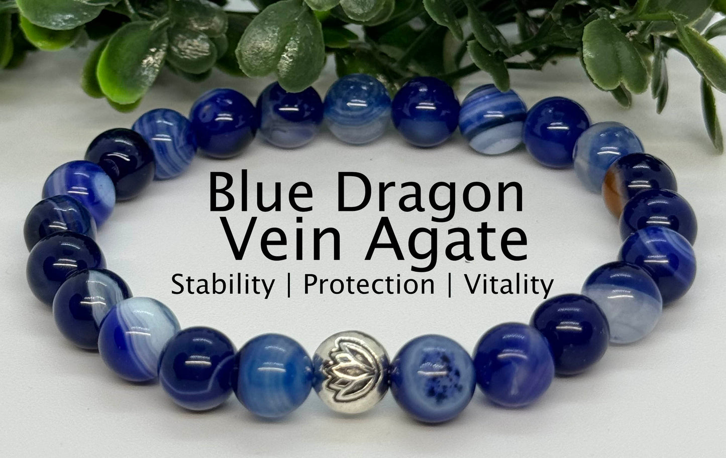Blue Dragon Vein Agate Beaded Stretch Bracelet with a Lotus Silver Bead. Stability, Protection, Vitality. Personalized Size.