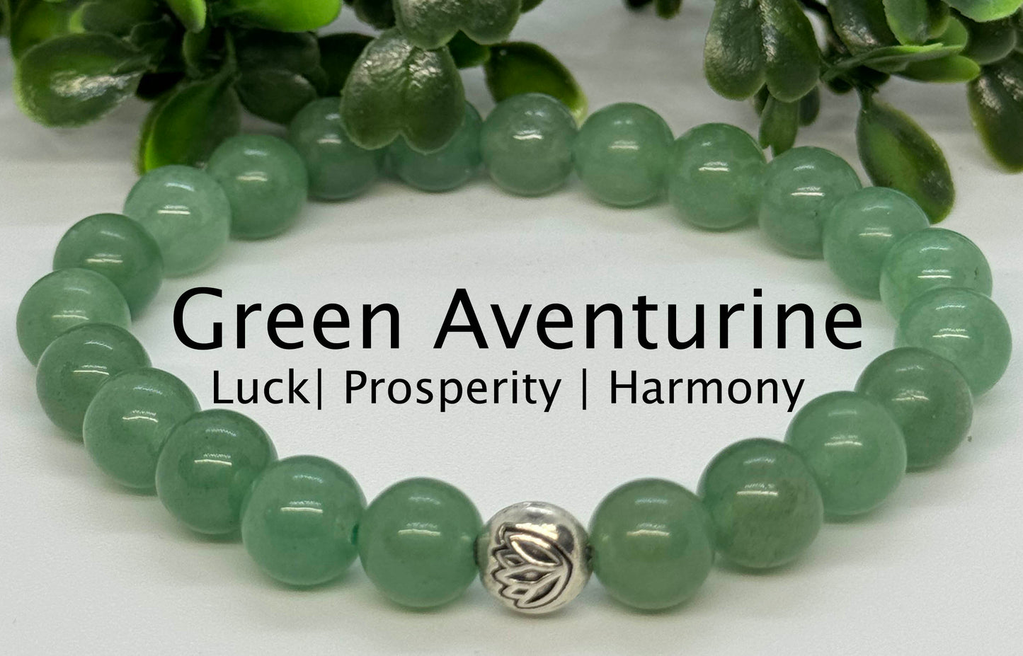 Green Aventurine Beaded Gemstone Stretch Bracelet with a Lotus Silver Bead. Luck, Prosperity, Harmony.