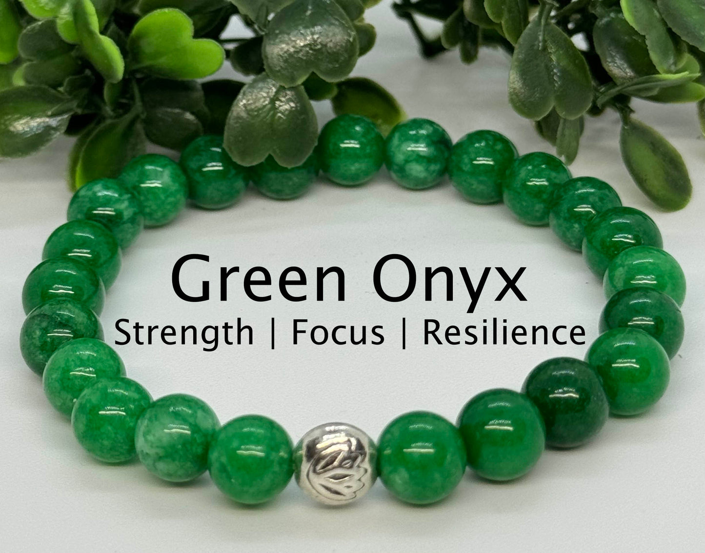 Green Onyx 8mm Gemstone Stretchy Bracelet with a Lotus Silver Bead. Strength, Focus, Resilience.