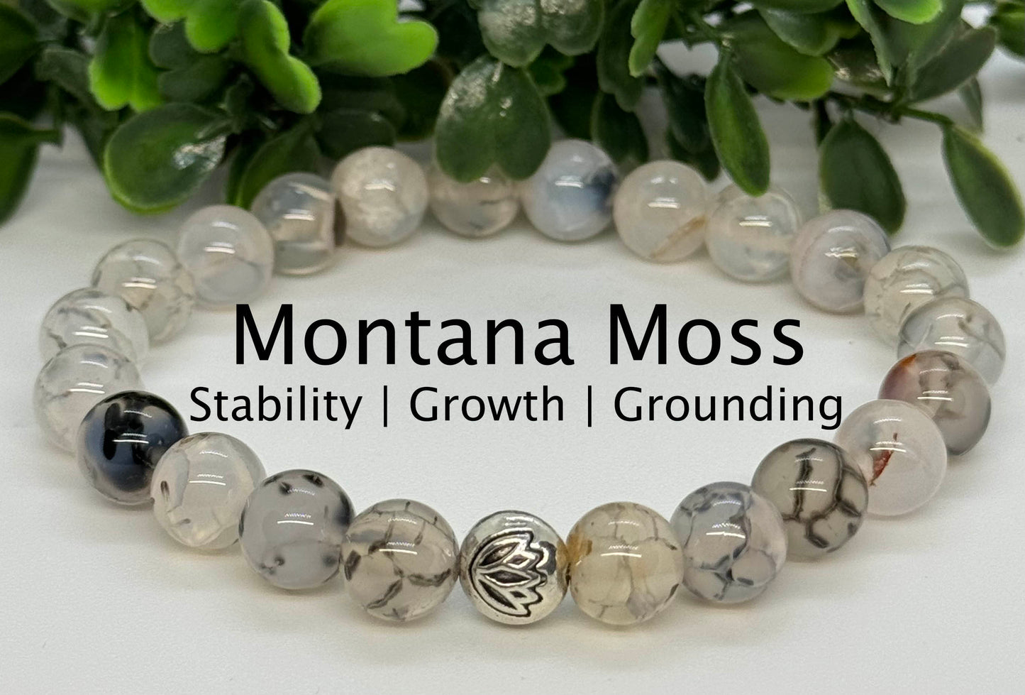 8mm Montana Moss Agate Beaded Stretch Bracelet with a Lotus Silver Bead.