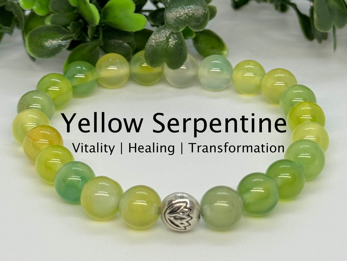 Yellow Prehnite 8mm Gemstone Stretchy Bracelet with a Lotus Silver Bead. Vitality, Healing, Transformation.