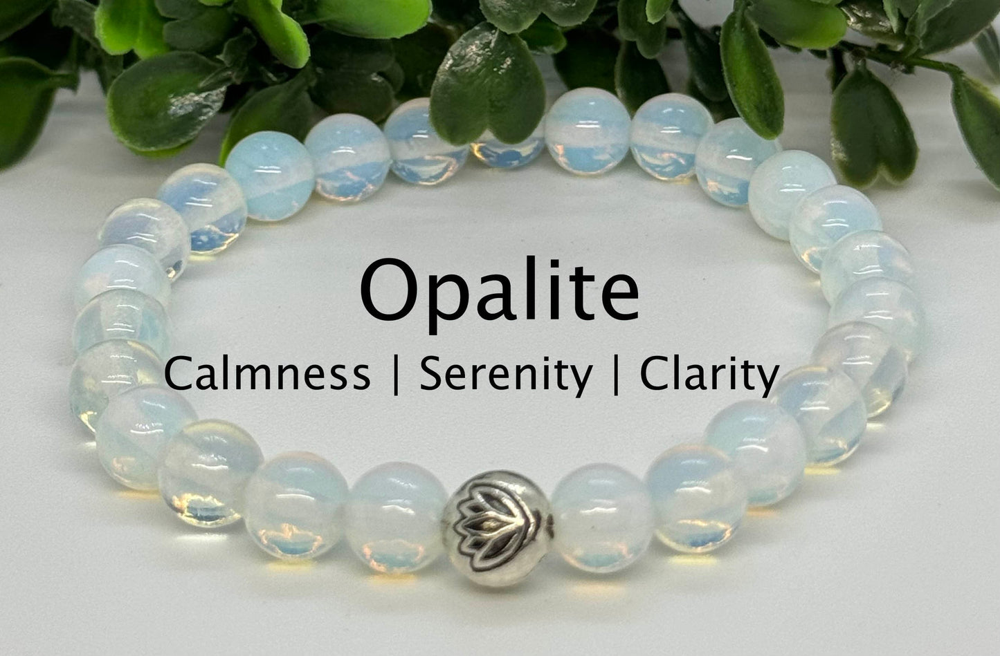 8mm Sea Opal Opalite Beaded Stretch Bracelet with a Lotus Silver Bead.