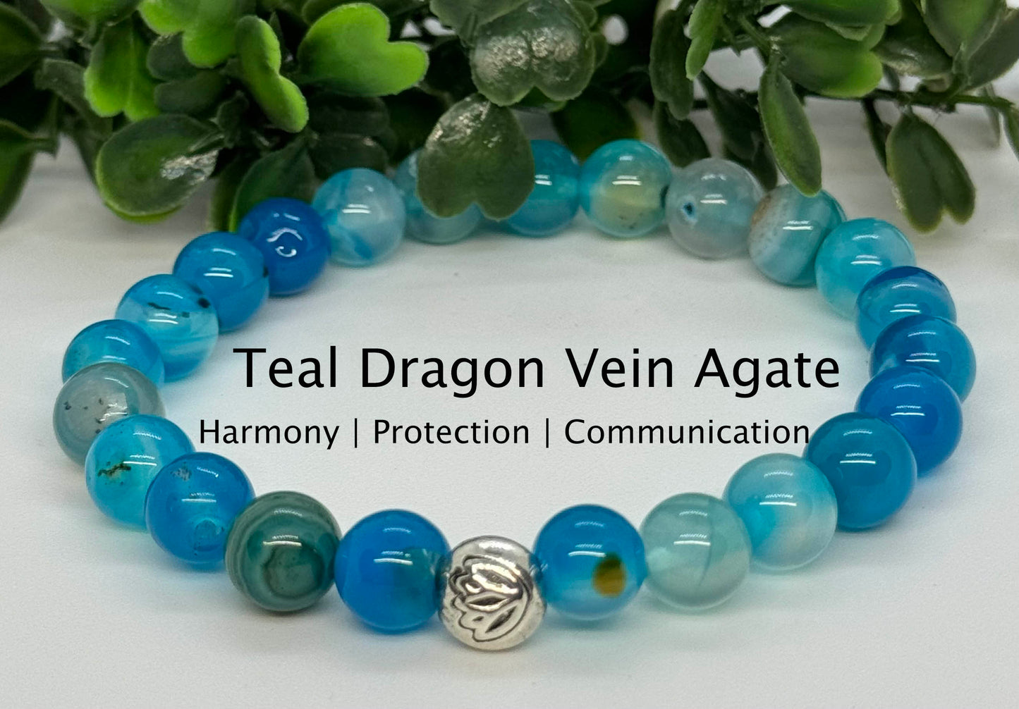 8mm Teal Dragon Vein Agate Beaded Stretch Bracelet with a Lotus Silver Bead.