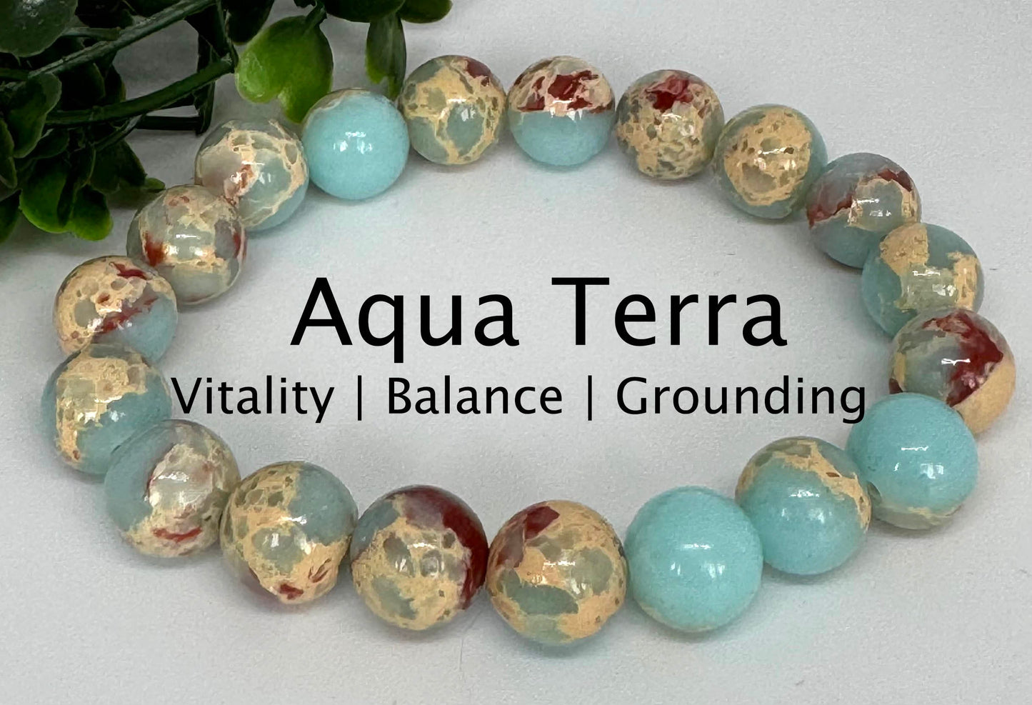 Aqua Terra Jade 10mm stretch beaded bracelet. Gift for him, gift for her. Vitality, Balance, Grounding. Vitality, Balance, Grounding.