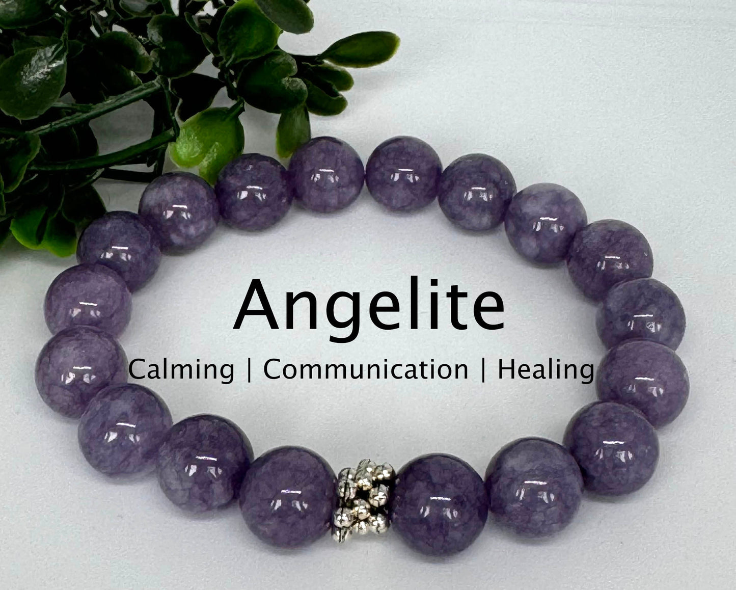 Angelite 10mm stretch beaded bracelet with silver spacer. Gift for him, gift for her. Calming, Communication, Healing.