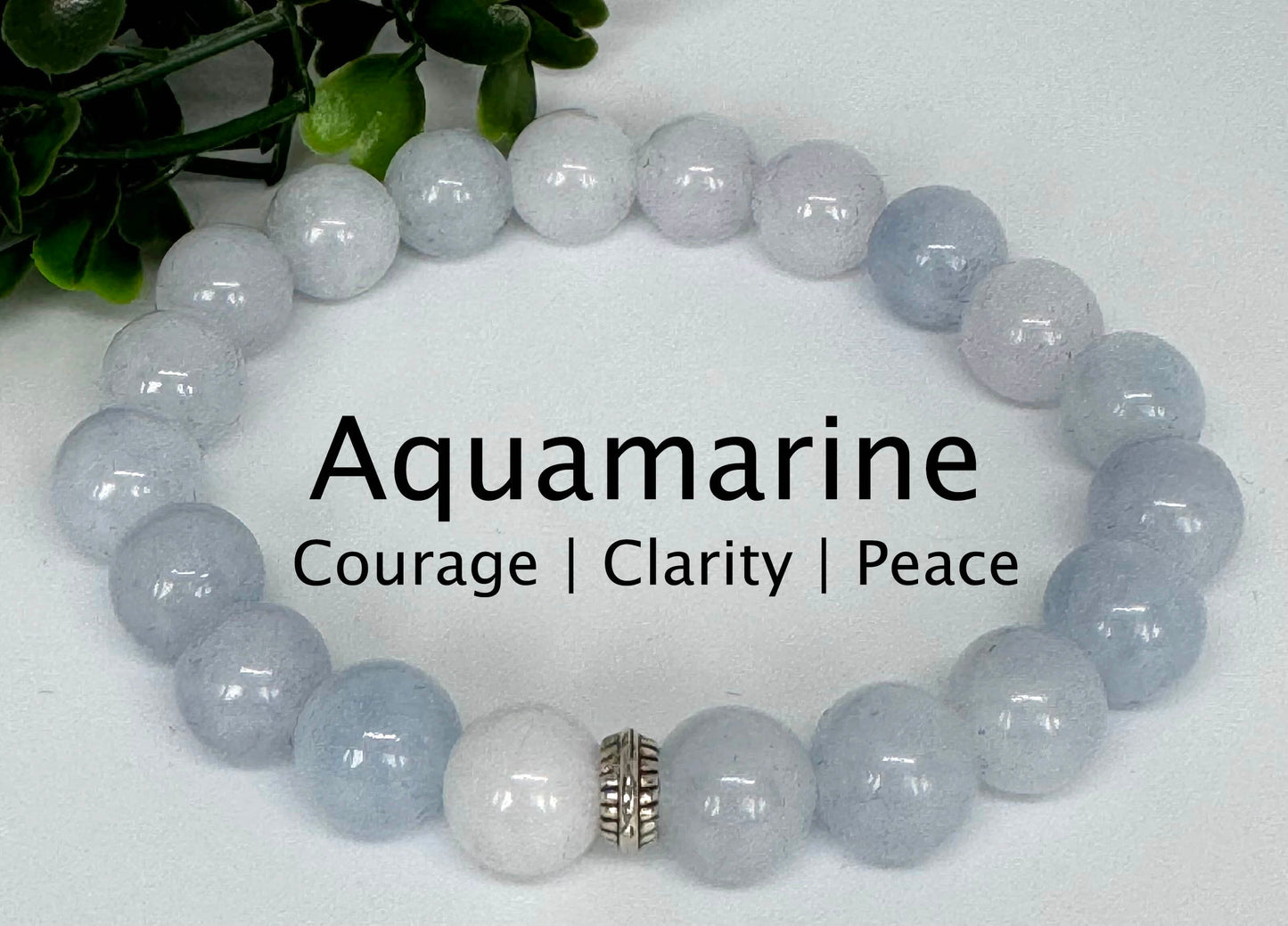 Aquamarine 10mm stretch beaded bracelet with silver spacer. Gift for him, gift for her. Courage,Clarity, Peace