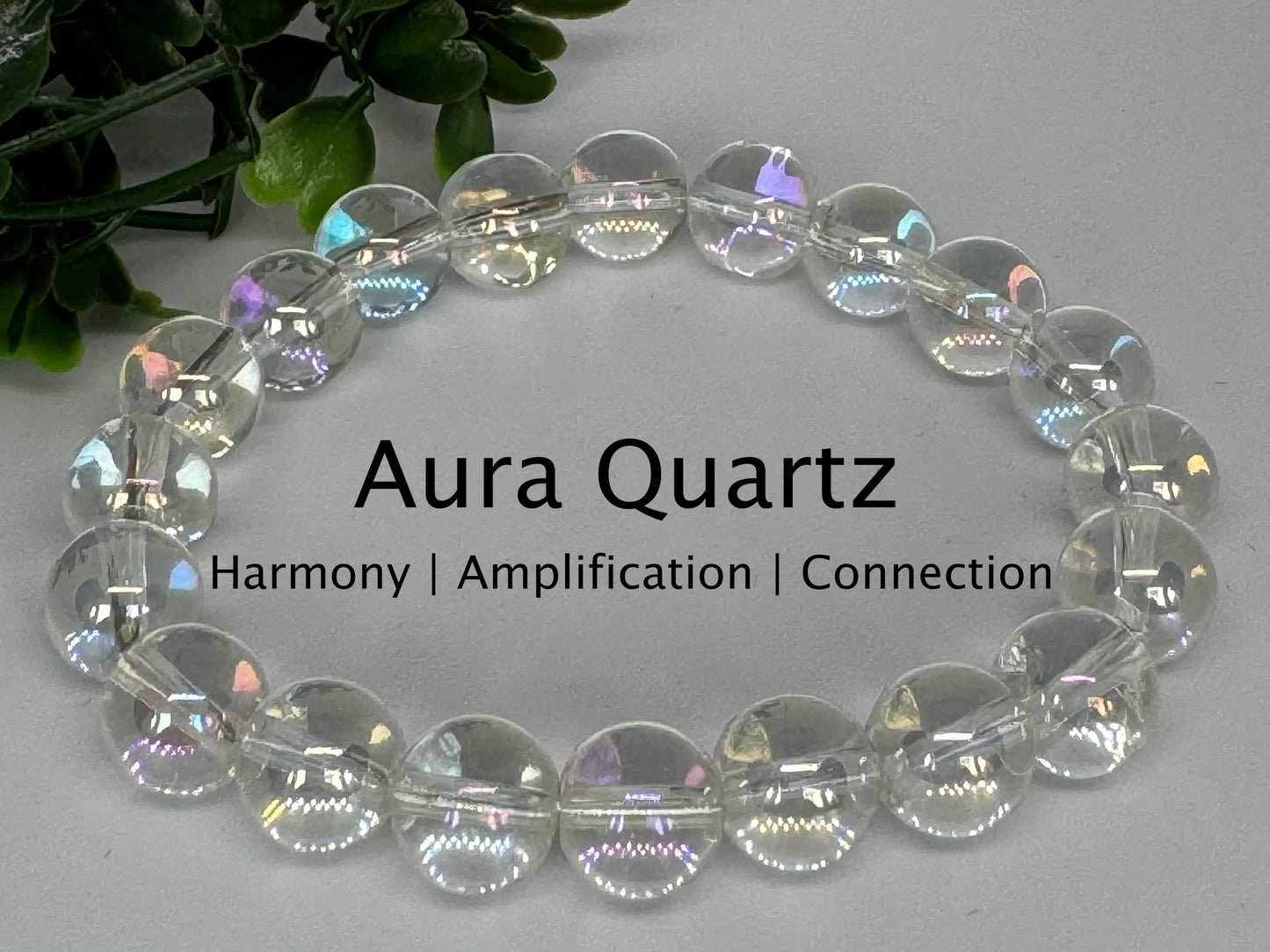 Aura Quartz 10mm stretch beaded bracelet. Gift for him, gift for her. Harmony, Amplification, Connection.