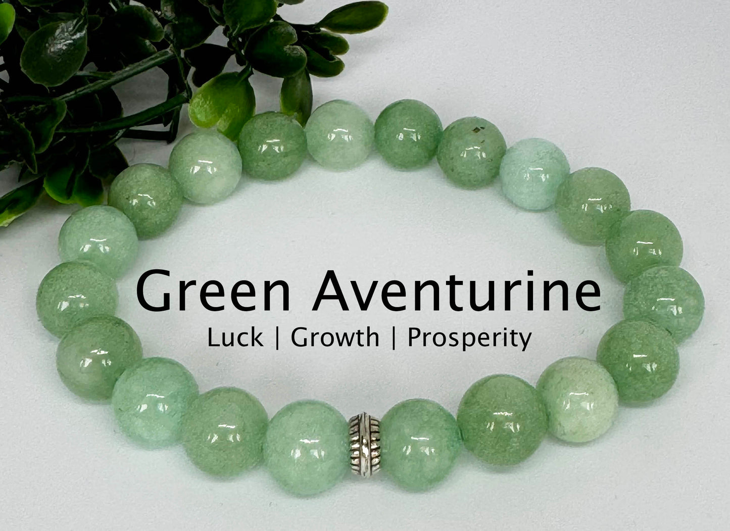 Green Aventurine 10mm Beaded Gemstone Stretch Bracelet with a Silver Spacer. Gift for her, gift for him. Luck, Growth, Prosperity.