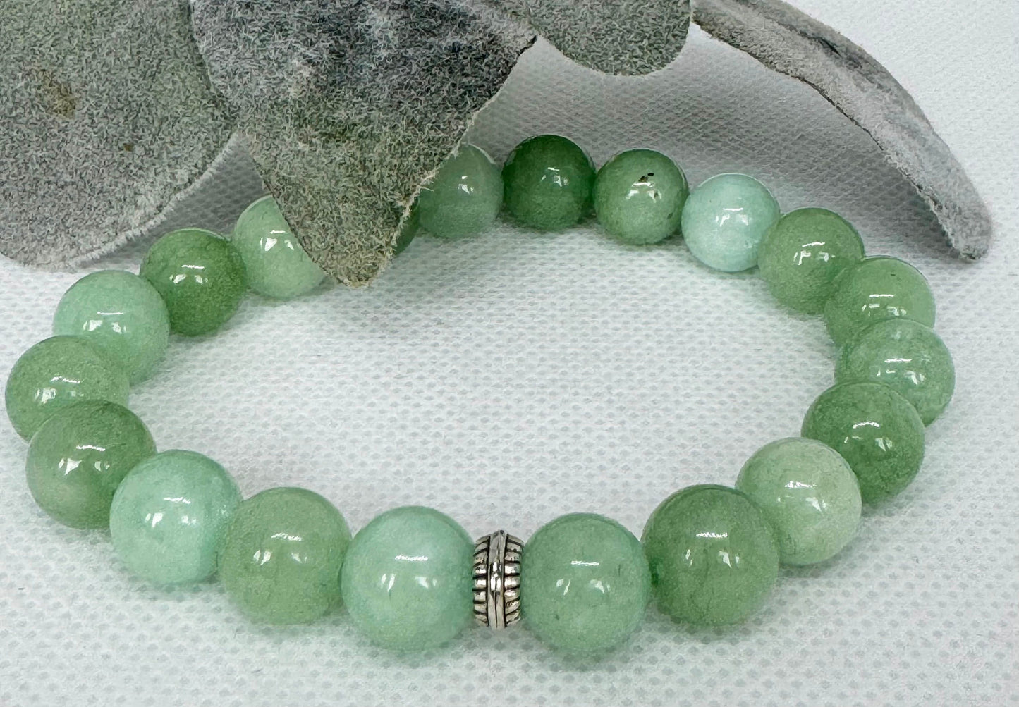 Green Aventurine 10mm Beaded Gemstone Stretch Bracelet with a Silver Spacer. Gift for her, gift for him. Luck, Growth, Prosperity.