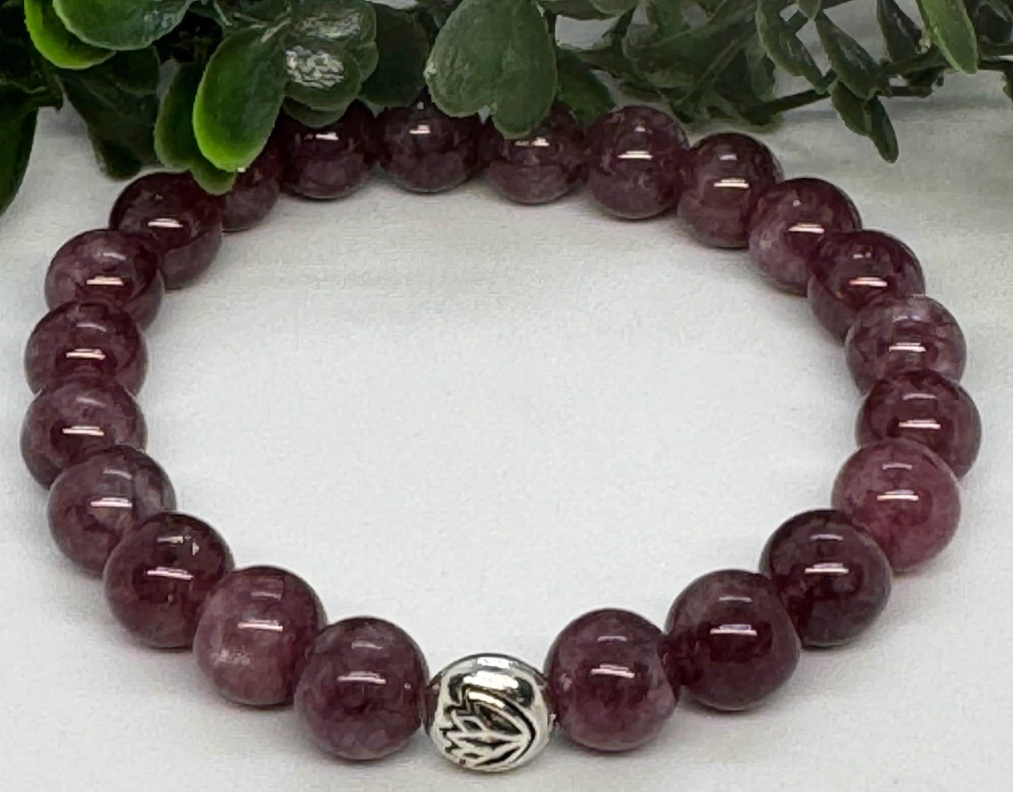 Lepidolite Beaded Stretch Bracelet with a Lotus Silver Bead. Insight, Clarity, Transformation.