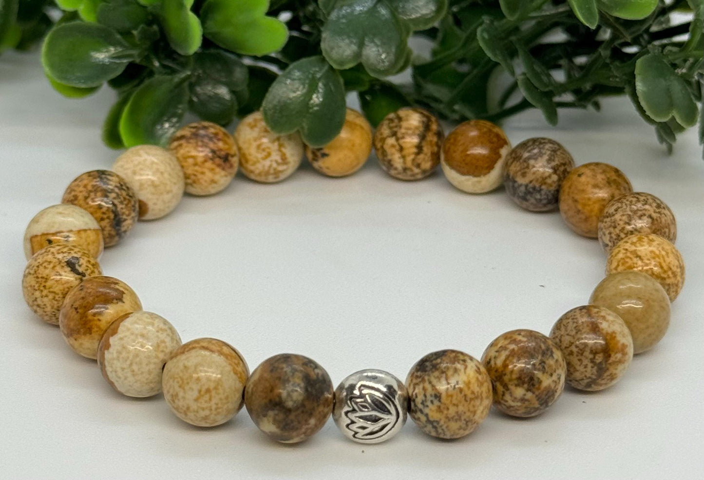 Picture Jasper Beaded Stretch Bracelet with a Lotus Silver Bead. Grounding, Connection, Stability.