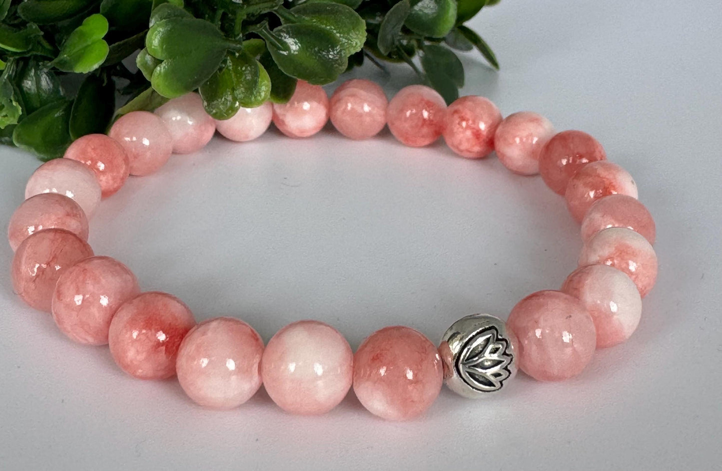 Pink Opal 8mm Gemstone Stretchy Bracelet with a Lotus Silver Bead. Soothing, Emotional Healing, Compassion.