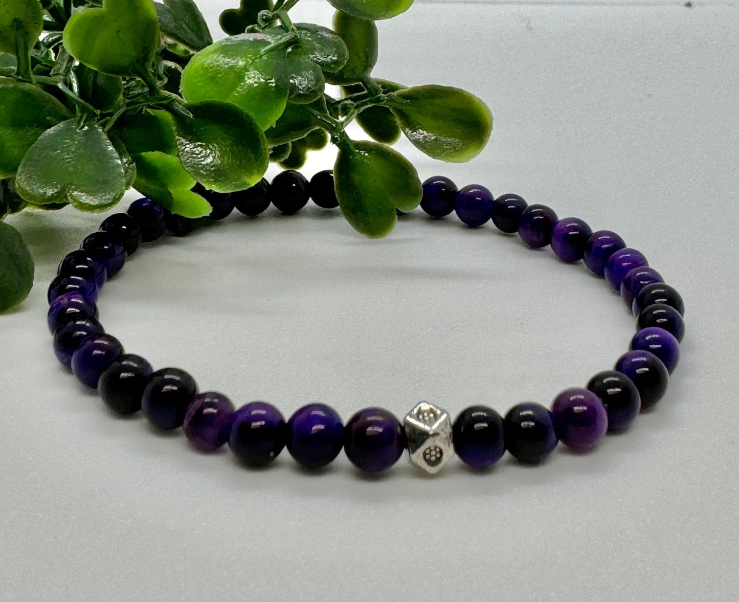 4mm Purple Tiger's Eye Beaded Stretch Bracelet with silver Bead. Gift for her gift for him. Balance Protection Calmness minimalistic jewelry