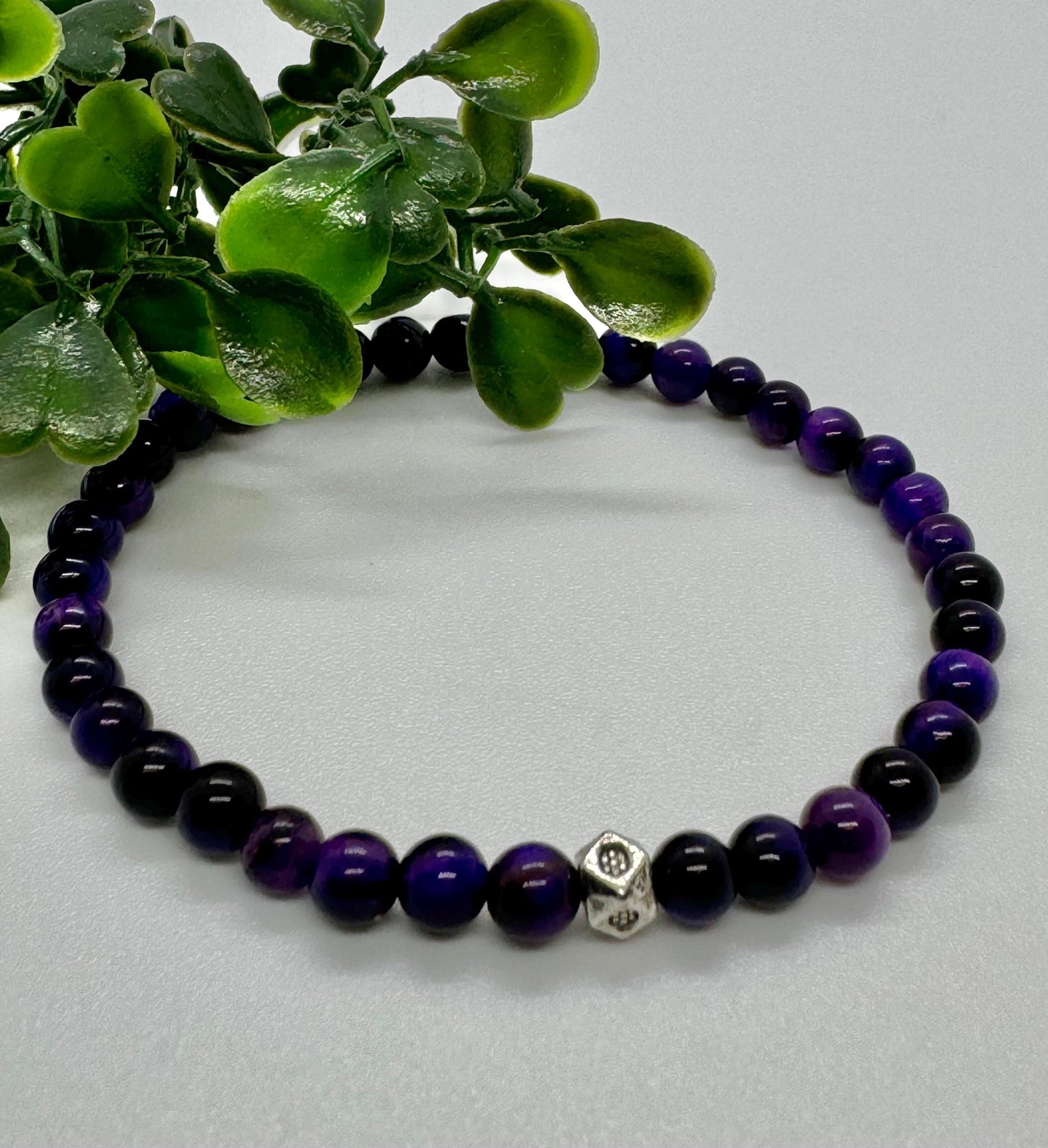 4mm Purple Tiger's Eye Beaded Stretch Bracelet with silver Bead. Gift for her gift for him. Balance Protection Calmness minimalistic jewelry