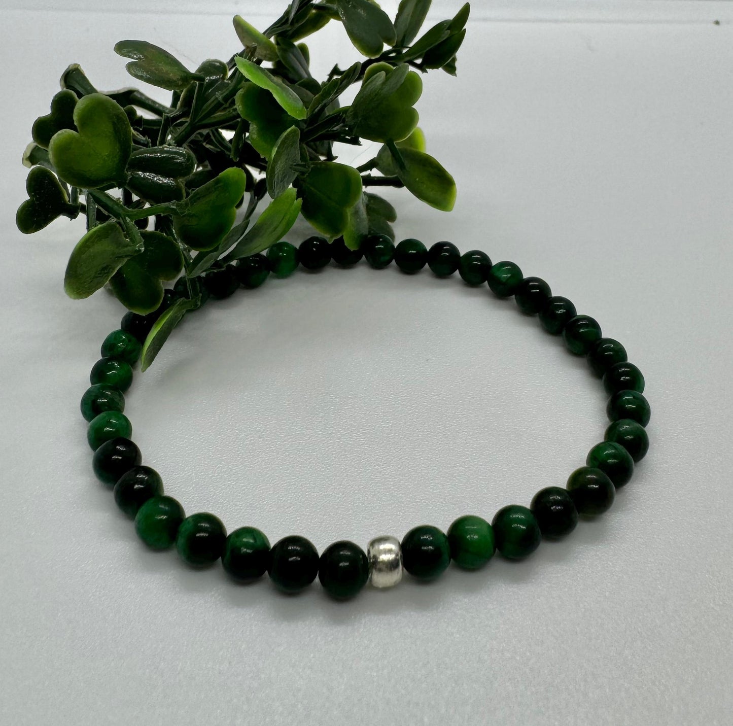 4mm Green Tiger's Eye Beaded Stretch Bracelet with Silver Bead. Gift for him, gift for her. Grounding, Protecting, Energizing Minimalistic.