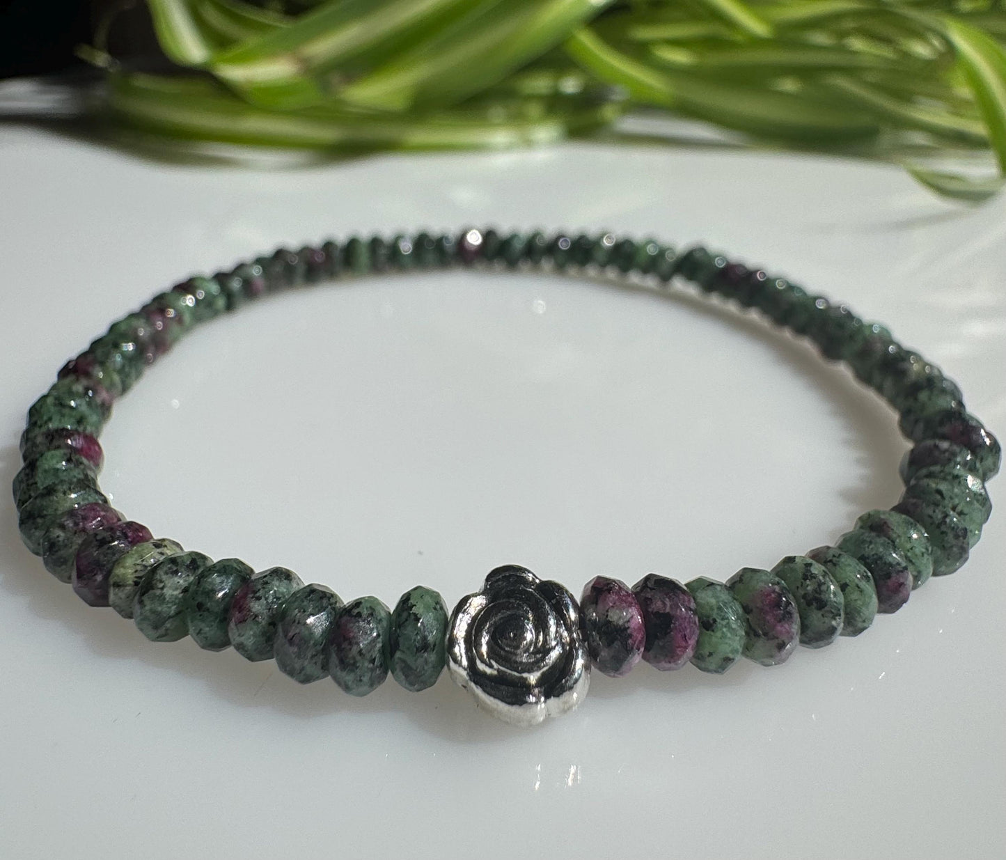 4mm Ruby in Zoisite Beaded Stretch Bracelet with Silver Bead. Gift for him, gift for her. Vitalizing, Transformation, Support. Minimalistic.