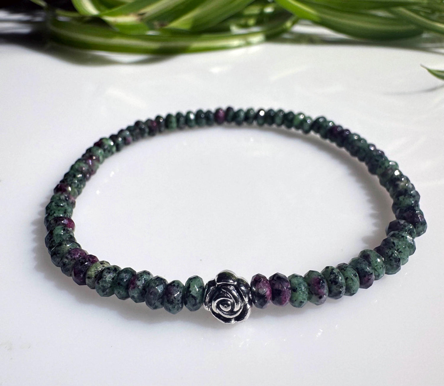 4mm Ruby in Zoisite Beaded Stretch Bracelet with Silver Bead. Gift for him, gift for her. Vitalizing, Transformation, Support. Minimalistic.