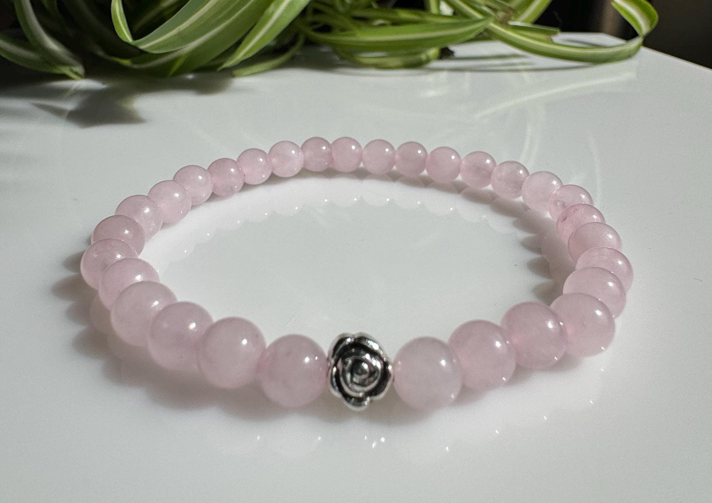 Rose Quartz Beaded Stretch Bracelet with a Silver Bead. Gift for her, Gift for Him. Love, Harmony, Compassion. Minimalistic.
