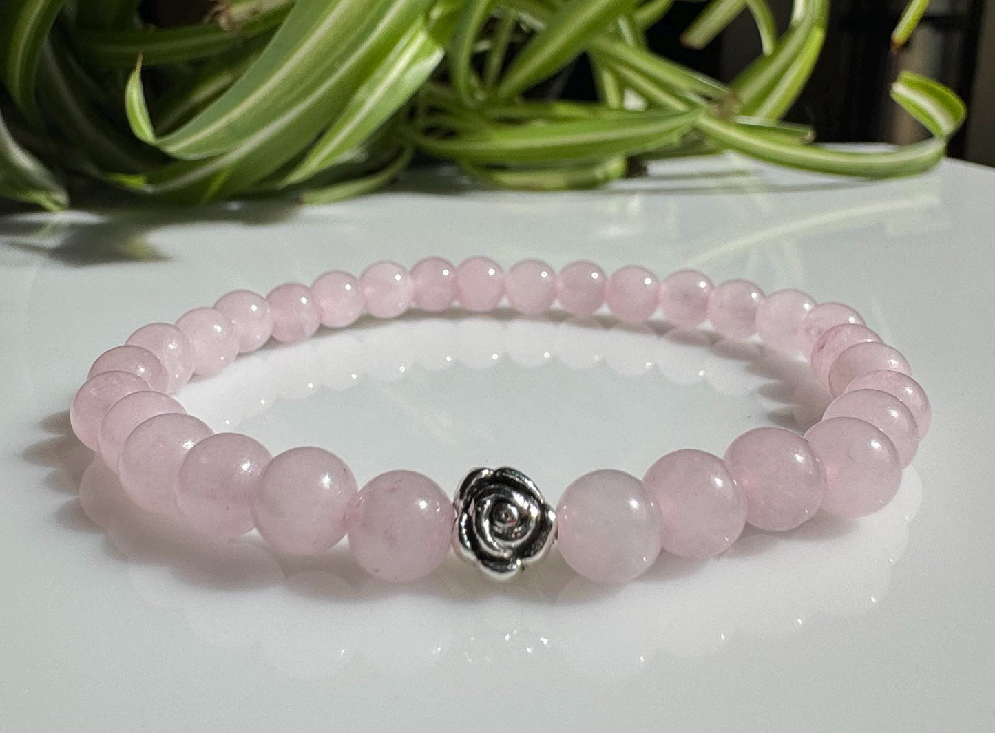 Rose Quartz Beaded Stretch Bracelet with a Silver Bead. Gift for her, Gift for Him. Love, Harmony, Compassion. Minimalistic.