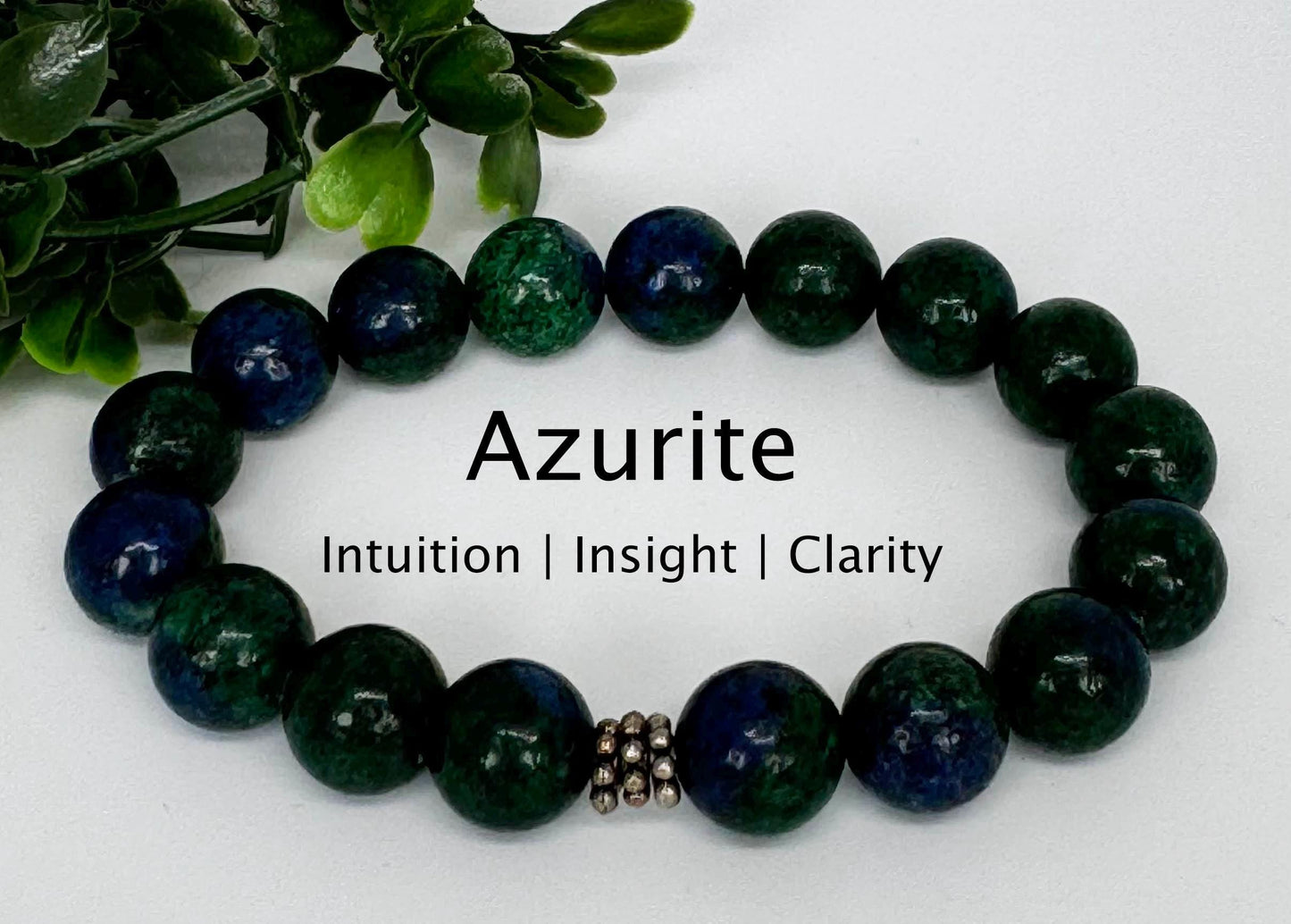 Azurite 10mm stretch beaded bracelet with silver spacer. Gift for him, gift for her. Intuition, Insight, Clarity.
