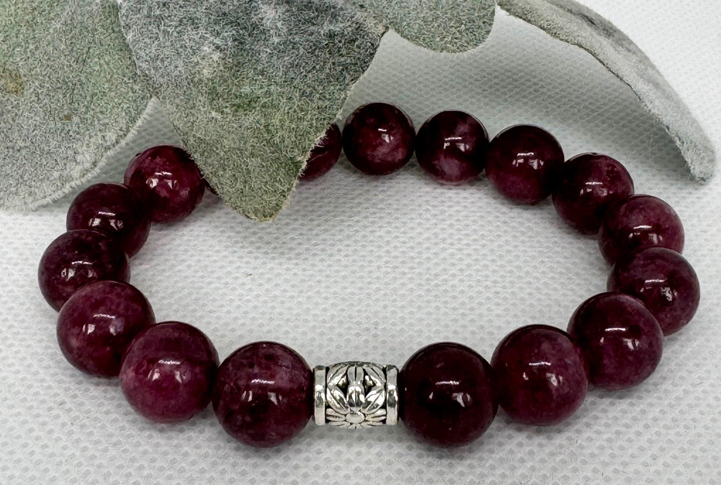 Garnet 10mm stretch beaded bracelet with silver. spacer. Gift for him, gift for her. January Birthday Stone. Passion, Protection, Energy.