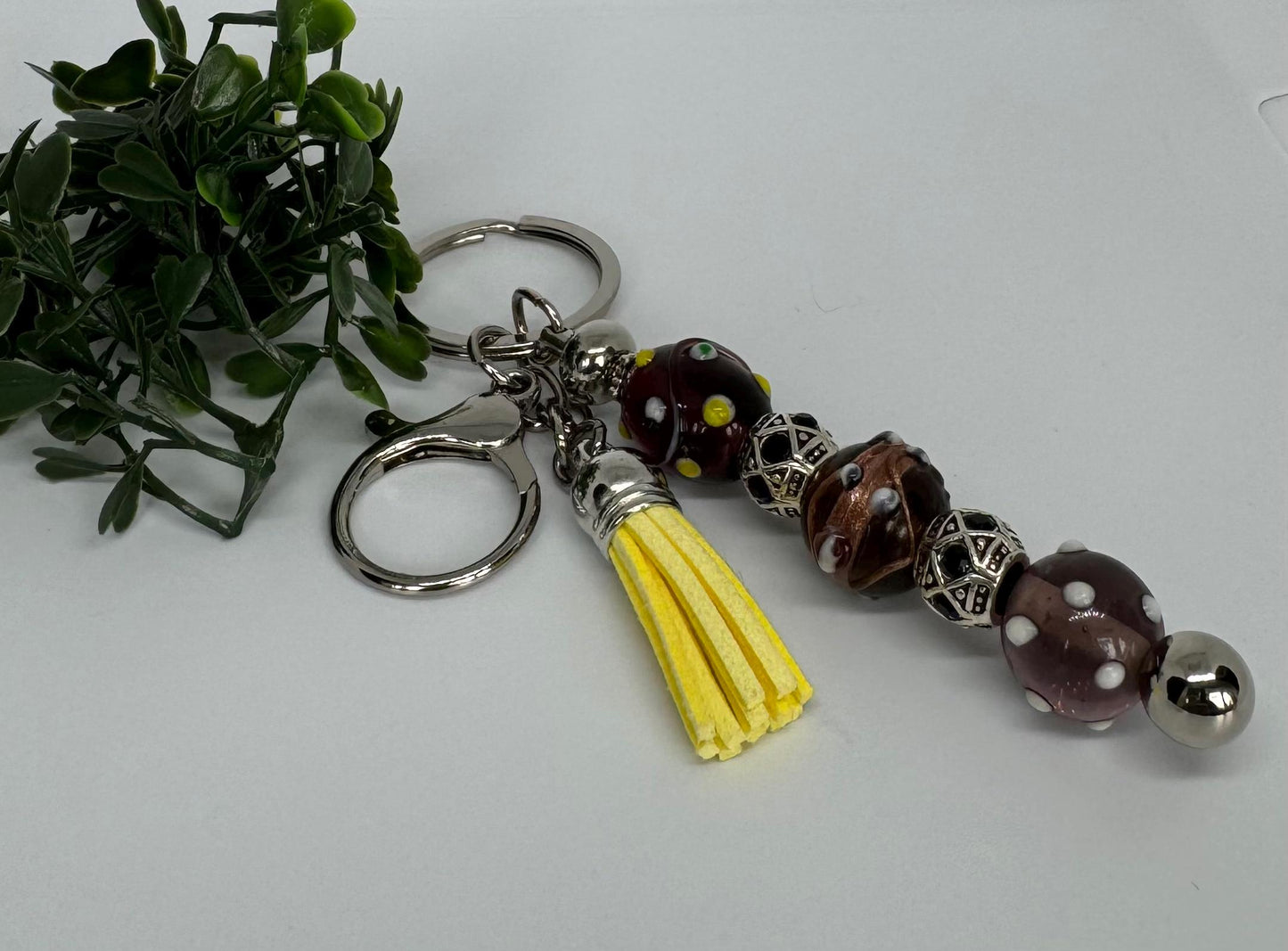 Lampwork Keychain Purse Charm - Stylish Metal Key Chain Accessory with Leather Tassel or Silk Flower - Women Accessories - Backpack Charm