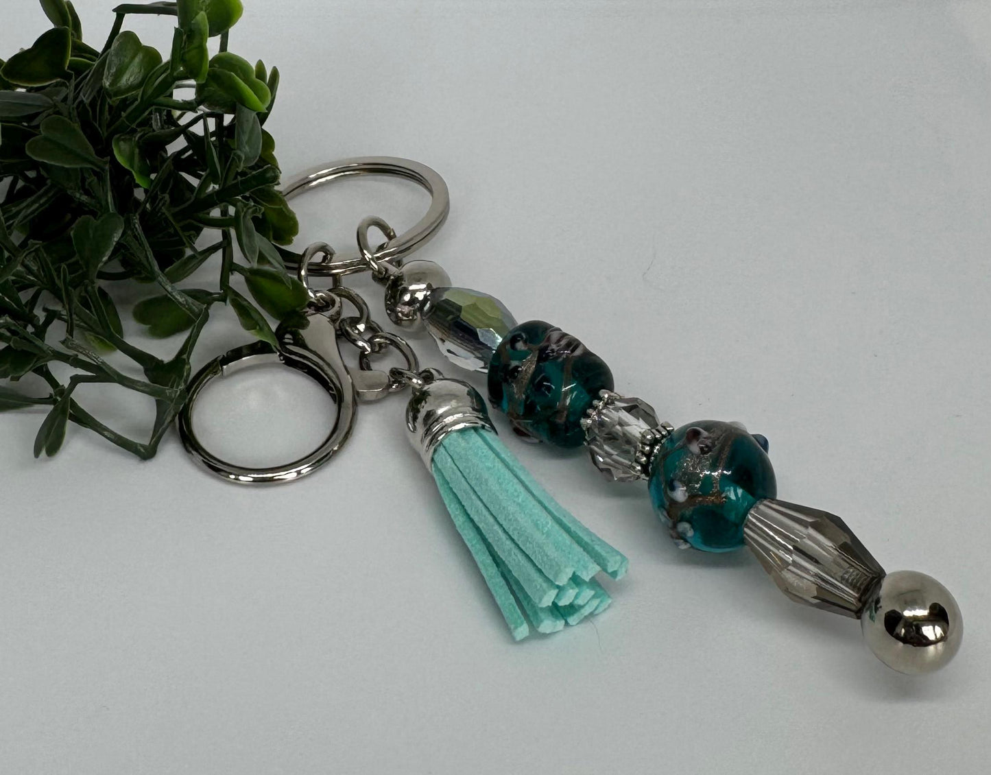 Lampwork Keychain Purse Charm - Stylish Metal Key Chain Accessory with Leather Tassel or Silk Flower - Women Accessories - Backpack Charm