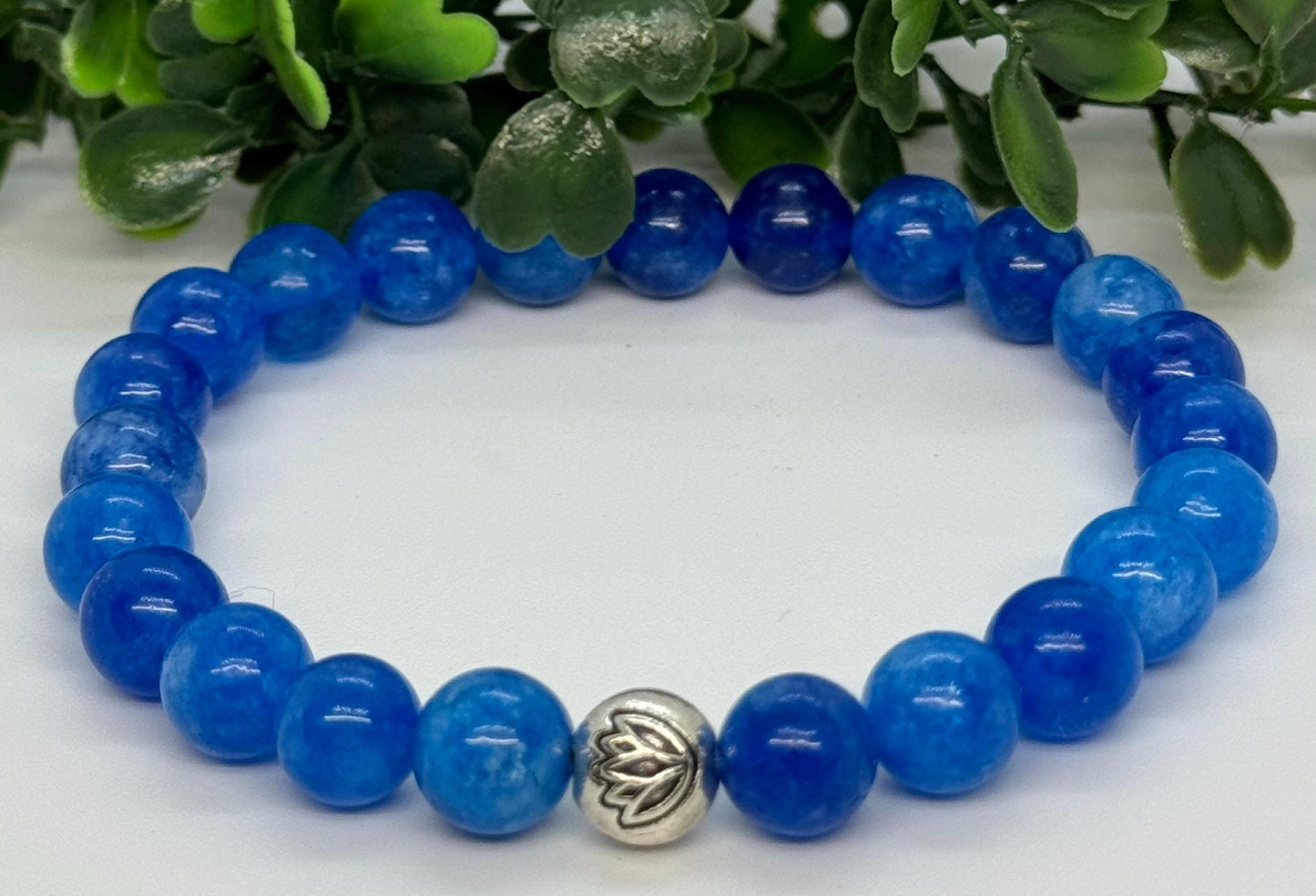 Blue Apatite Beaded Gemstone Stretch Bracelet with a Lotus Silver Bead. Clarity, Motivation, Manifestation.