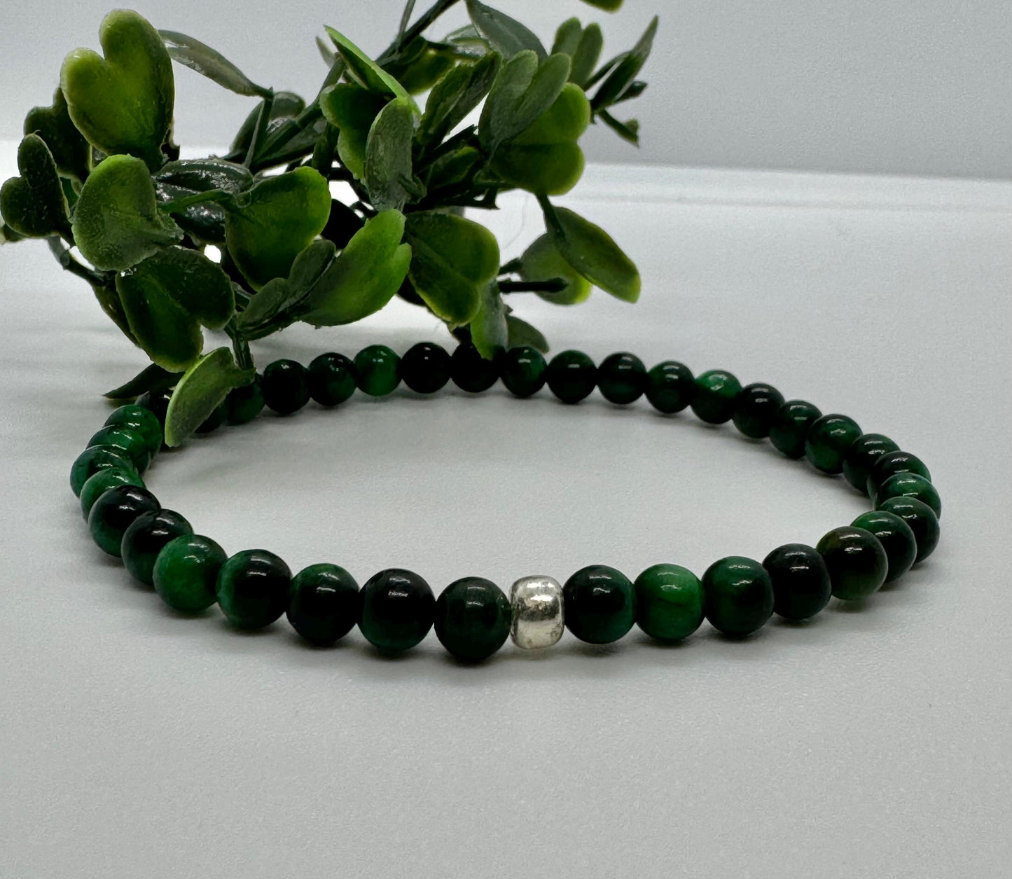 4mm Green Tiger's Eye Beaded Stretch Bracelet with Silver Bead. Gift for him, gift for her. Grounding, Protecting, Energizing Minimalistic.