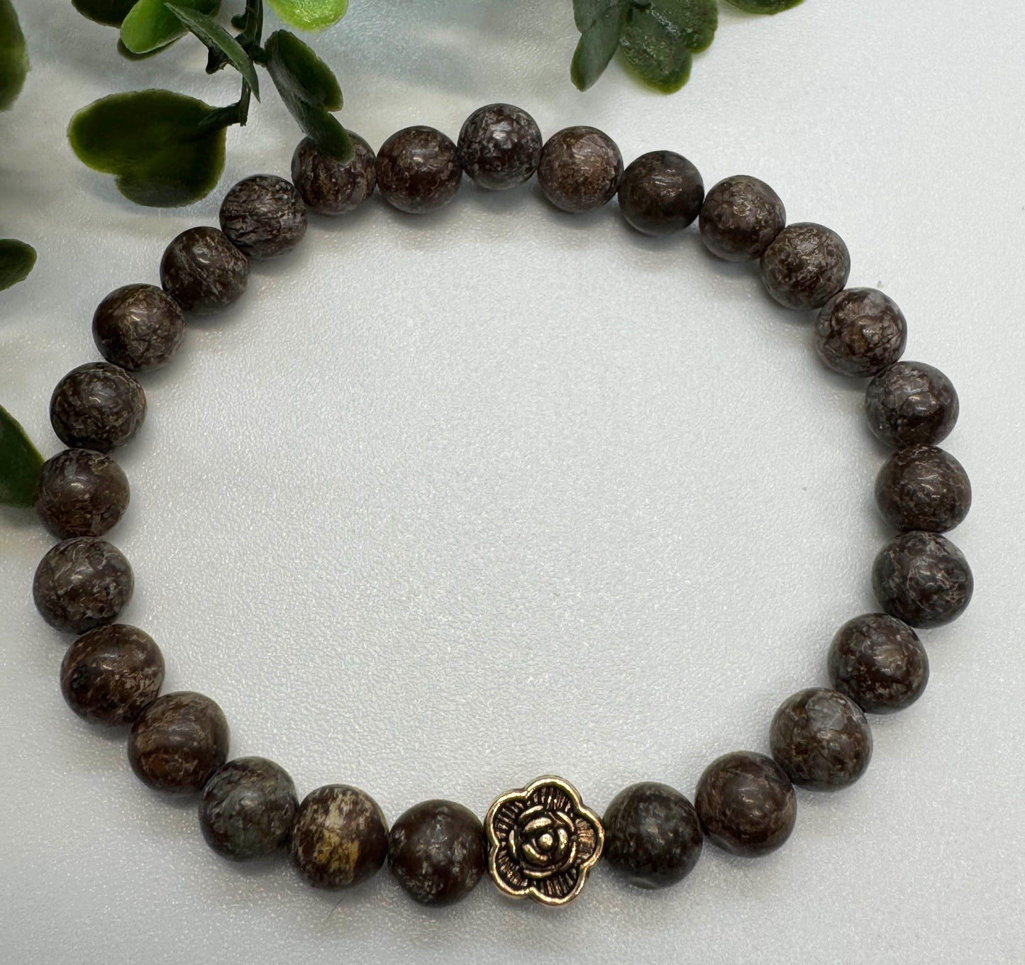 6mm Brown Snowflake Onyx Bead Stretchy Bracelet with Silver Bead. Gift for Him Gift for Her. Insight, Protection, Grounding. Minimalistic.