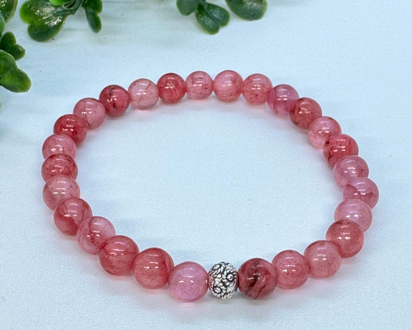 6mm Pink Persian Jade Bead Stretch Bracelet with Silver Spacer. Gift for her, Gift for him. Love, Compassion, Balance. Minimalistic.