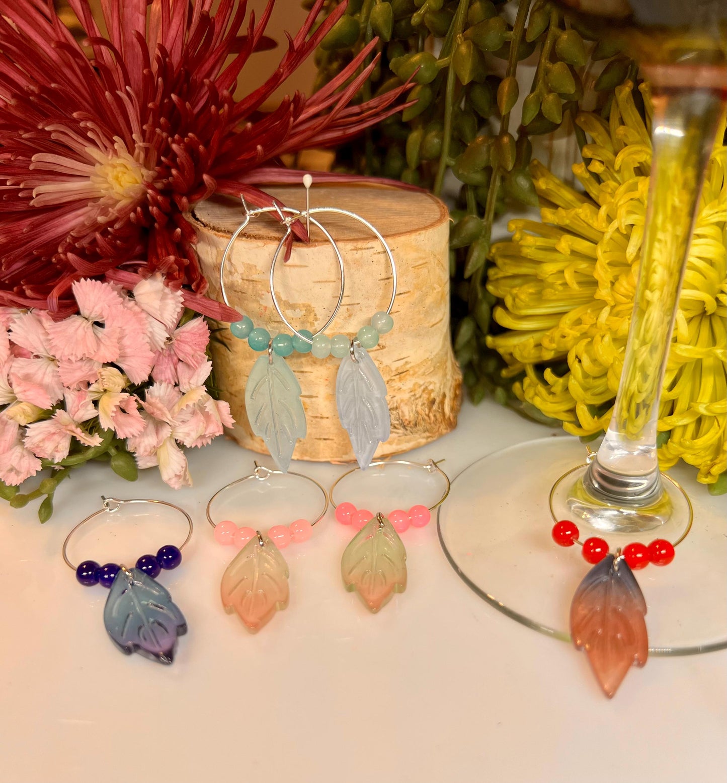 Wine Glass Charm Set | Crystal and Flower Wine Charm | Silver Hoops | Wine Charms | Wine Gifts | Gift Set | Charm Set | Wine Glass Charm