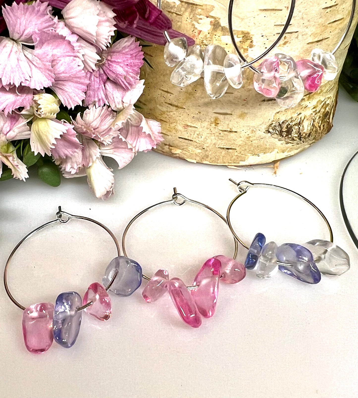 Wine Glass Charm Set | Crystal and Flower Wine Charm | Silver Hoops | Wine Charms | Wine Gifts | Gift Set | Charm Set | Wine Glass Charm