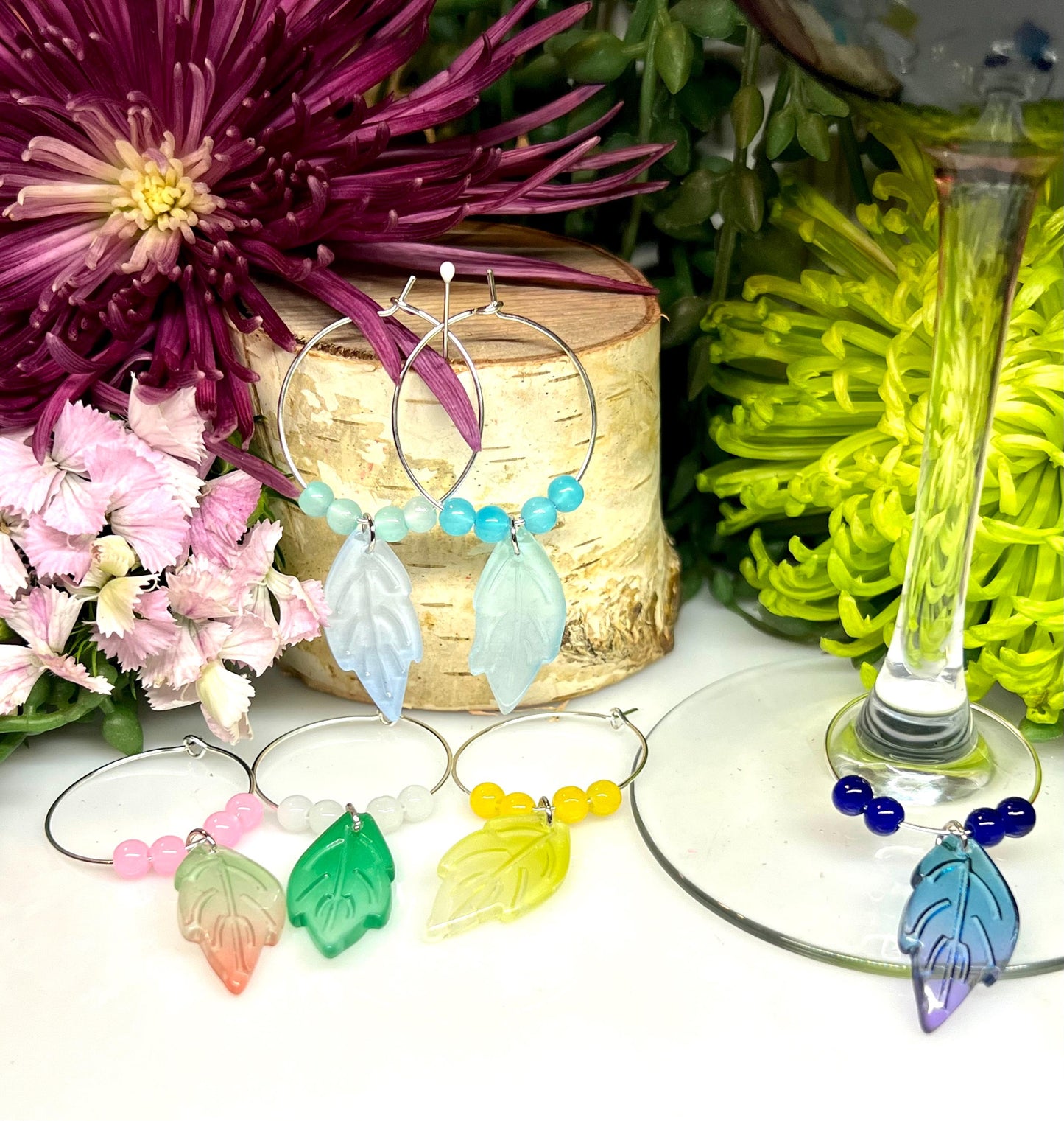 Wine Glass Charm Set | Crystal and Flower Wine Charm | Silver Hoops | Wine Charms | Wine Gifts | Gift Set | Charm Set | Wine Glass Charm