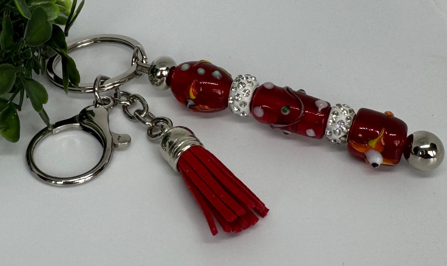 Lampwork Keychain Purse Charm - Stylish Metal Key Chain Accessory with Leather Tassel or Silk Flower - Women Accessories - Backpack Charm