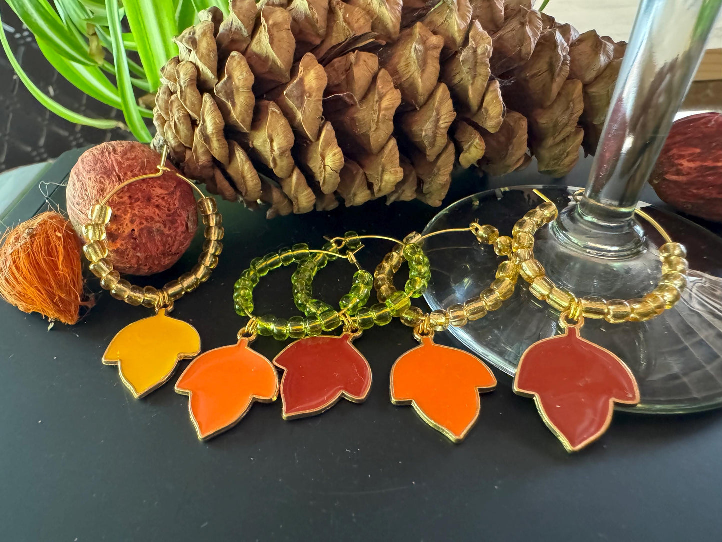 Wine Glass Charm Set | Autumn Leafs Wine Charm | Gold Hoops | Wine Charms | Wine Gifts | Gift Set | Charm Set | Wine Glass Charm