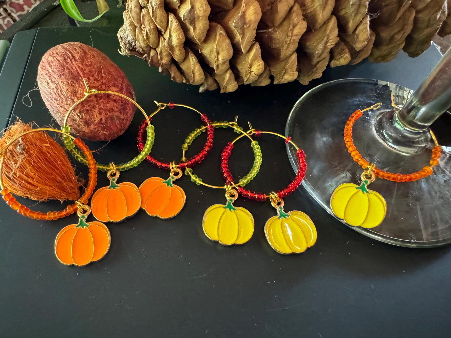 Wine Glass Charm Set | Thanksgiving Pumpkin Wine Charm | Gold Hoops | Wine Charms | Wine Gifts | Gift Set | Wine Glass Charm Set of 6