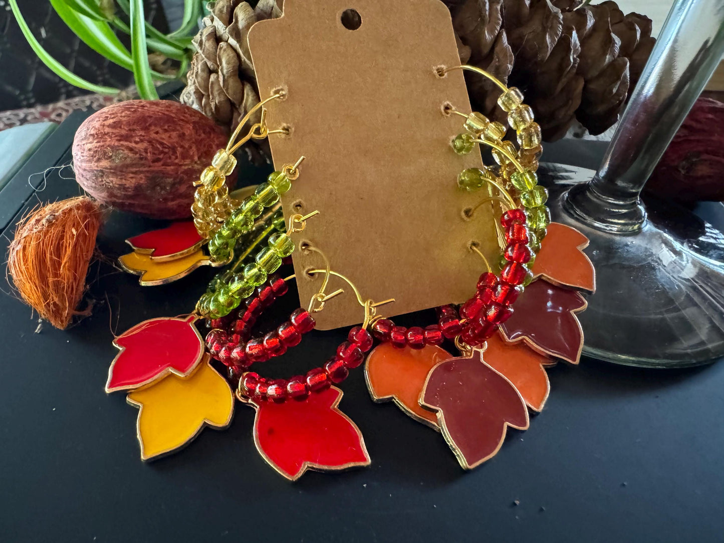 Wine Glass Charm Set | Autumn Leafs Wine Charm | Gold Hoops | Wine Charms | Wine Gifts | Gift Set | Charm Set | Wine Glass Charm