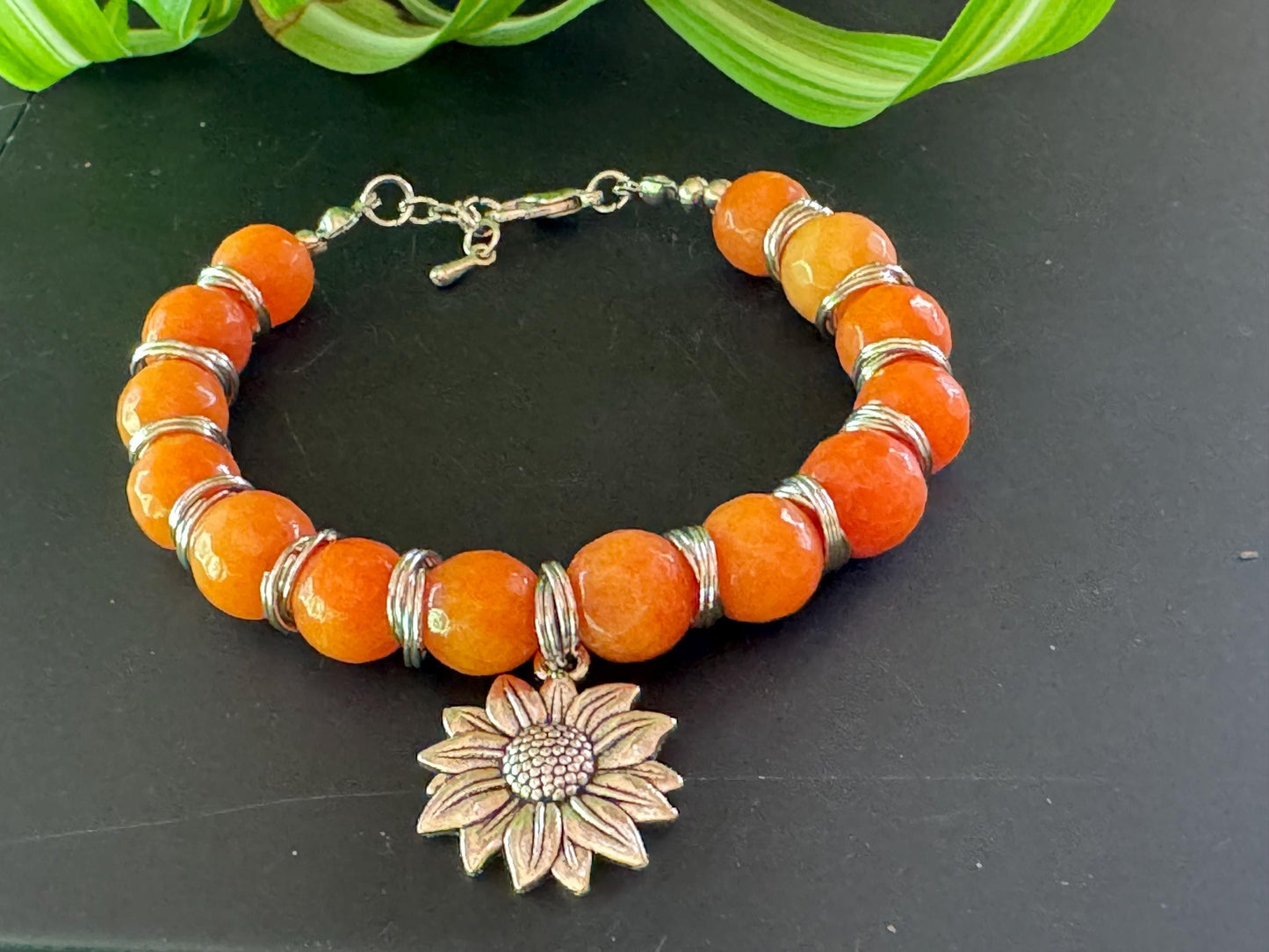 10mm Orange Aventurine Gemstone Bracelet - Orange Aventurine Gemstone bracelet with silver spacers and hanging Seastar charm.