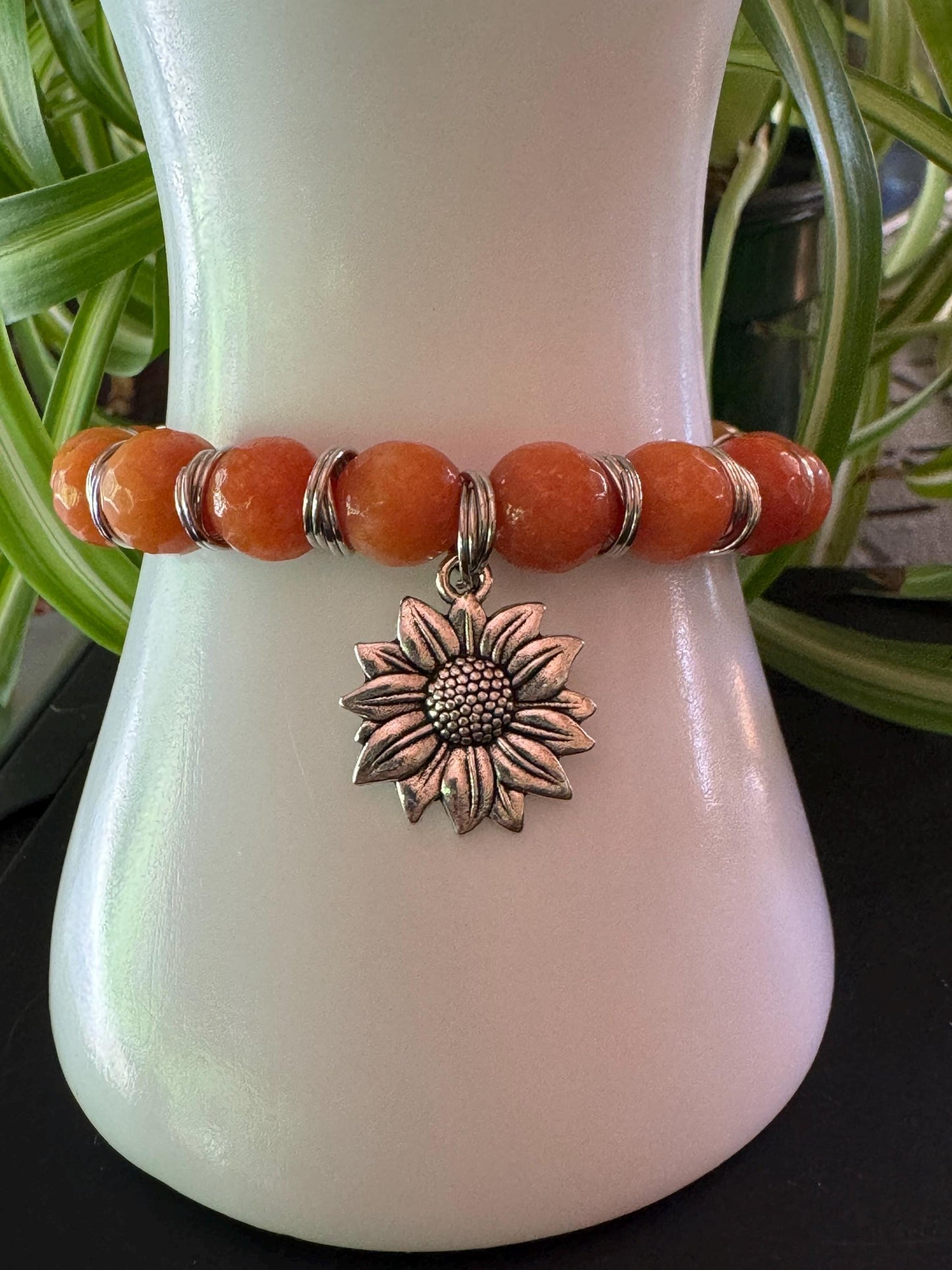 10mm Orange Aventurine Gemstone Bracelet - Orange Aventurine Gemstone bracelet with silver spacers and hanging Seastar charm.
